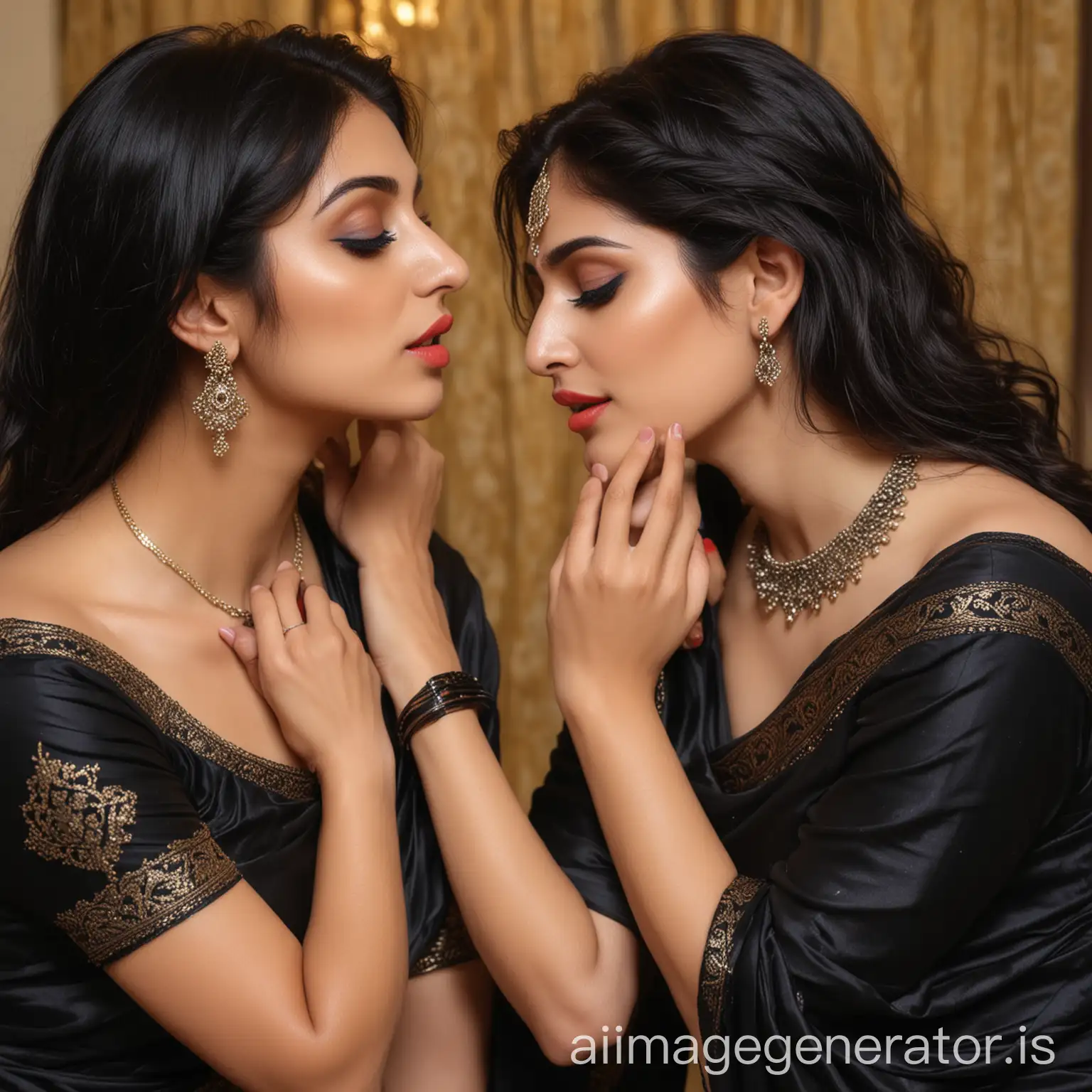 Iranian Women in Elegant Black Sarees Embrace with Intensity | AI Image  Generator