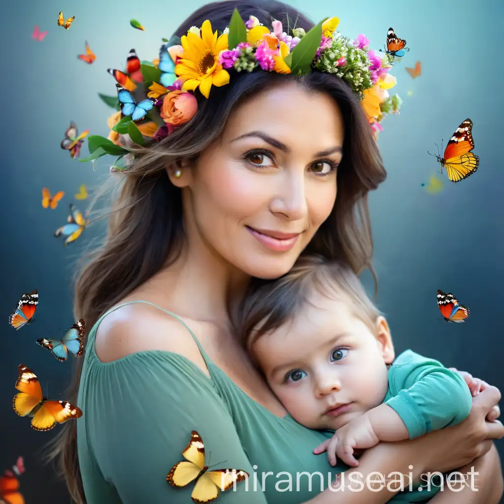 A mother who has a child in her arms, who has a small human child in her arms, and has a wreath of flowers on her hair and colorful butterflies flying around her.