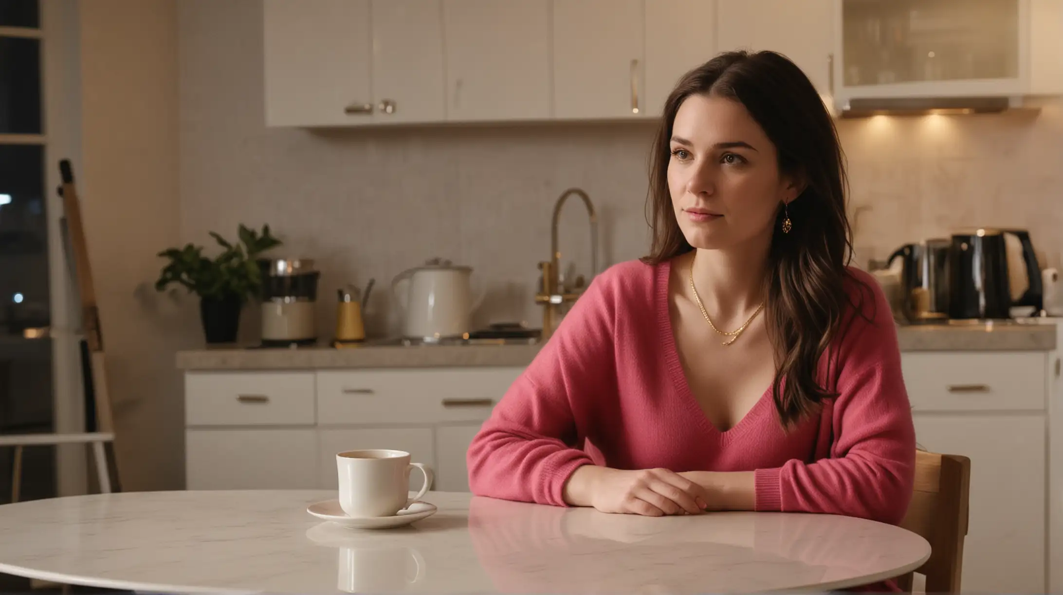 In a modern kitchen at night, 30 year old pale white woman, long dark brown hair parted to the right, pink sweater and a gold necklace, sitting down on chair at kitchen table. The table has exactly one mug of tea, night high rise apartment background.