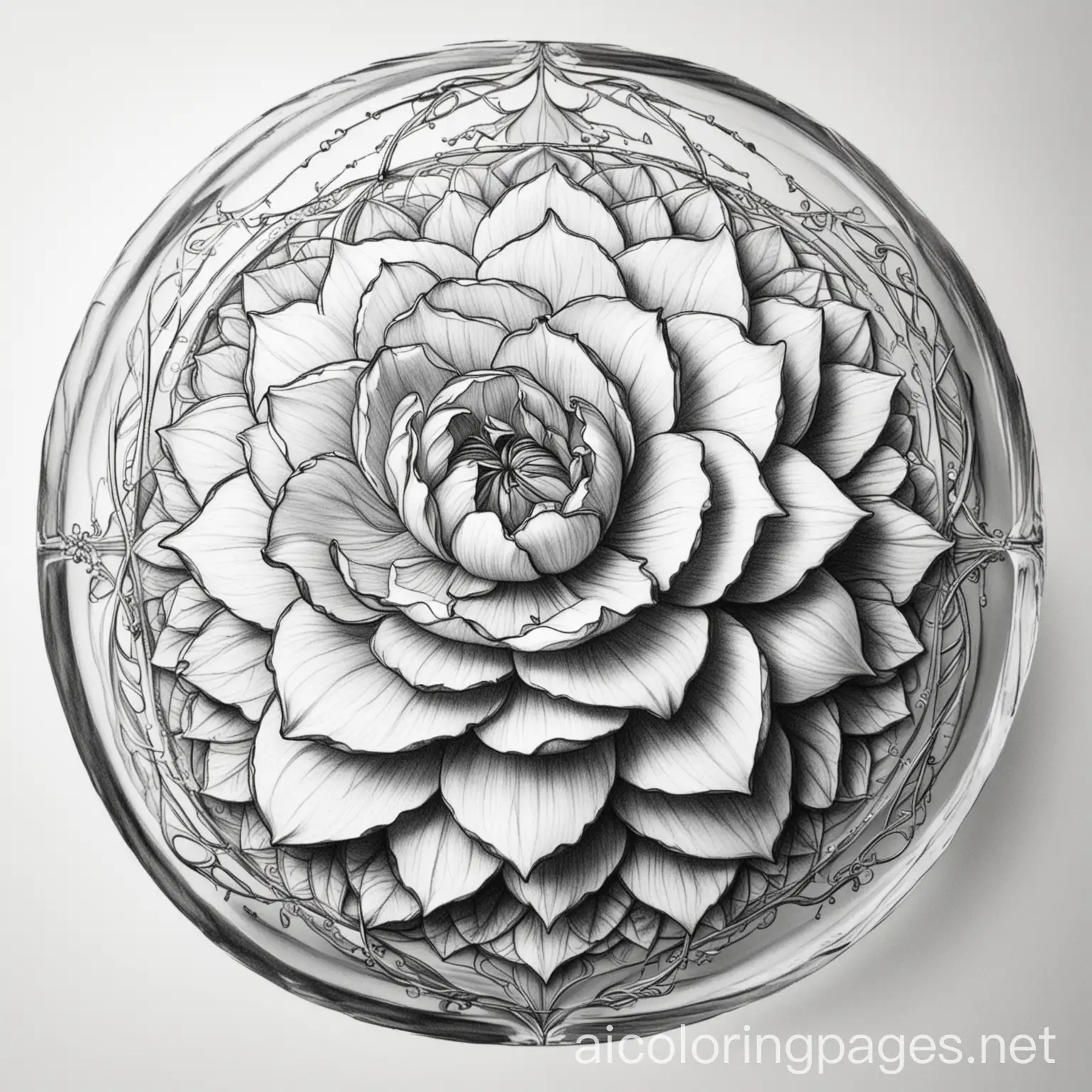 mandala de una camelia encerrada en una esfera para pintar de la bella y la bestia, Coloring Page, black and white, line art, white background, Simplicity, Ample White Space. The background of the coloring page is plain white to make it easy for young children to color within the lines. The outlines of all the subjects are easy to distinguish, making it simple for kids to color without too much difficulty