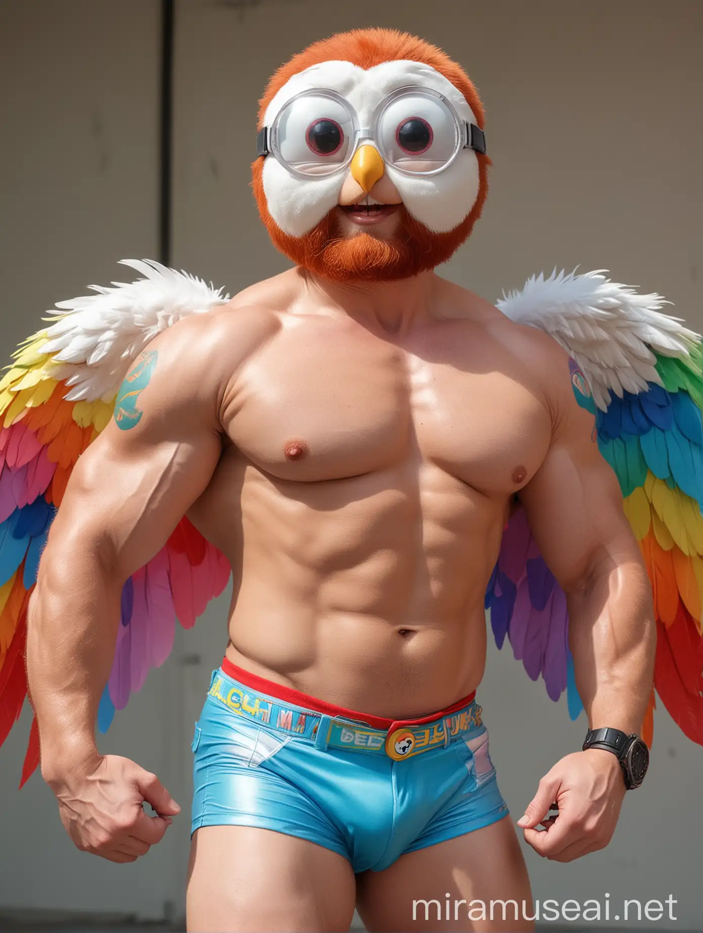 Beefy Red Head Bodybuilder Daddy Flexing with Rainbow Colored Eagle Wings and Doraemon Goggles