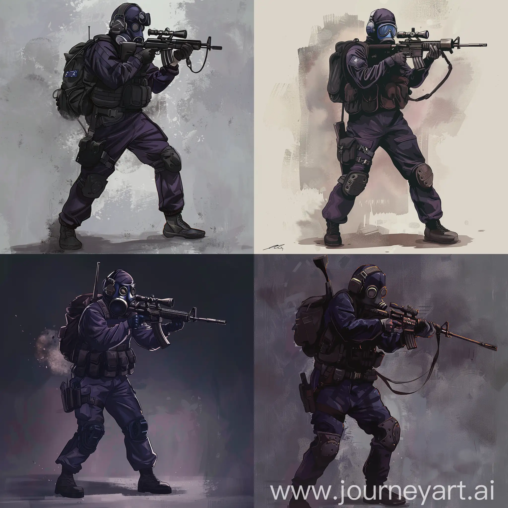 Digital, Concept art, dark purple military jumpsuit, gasmask on his face, small military backpack, military unloading on his body, sniper rifle in his hands.
