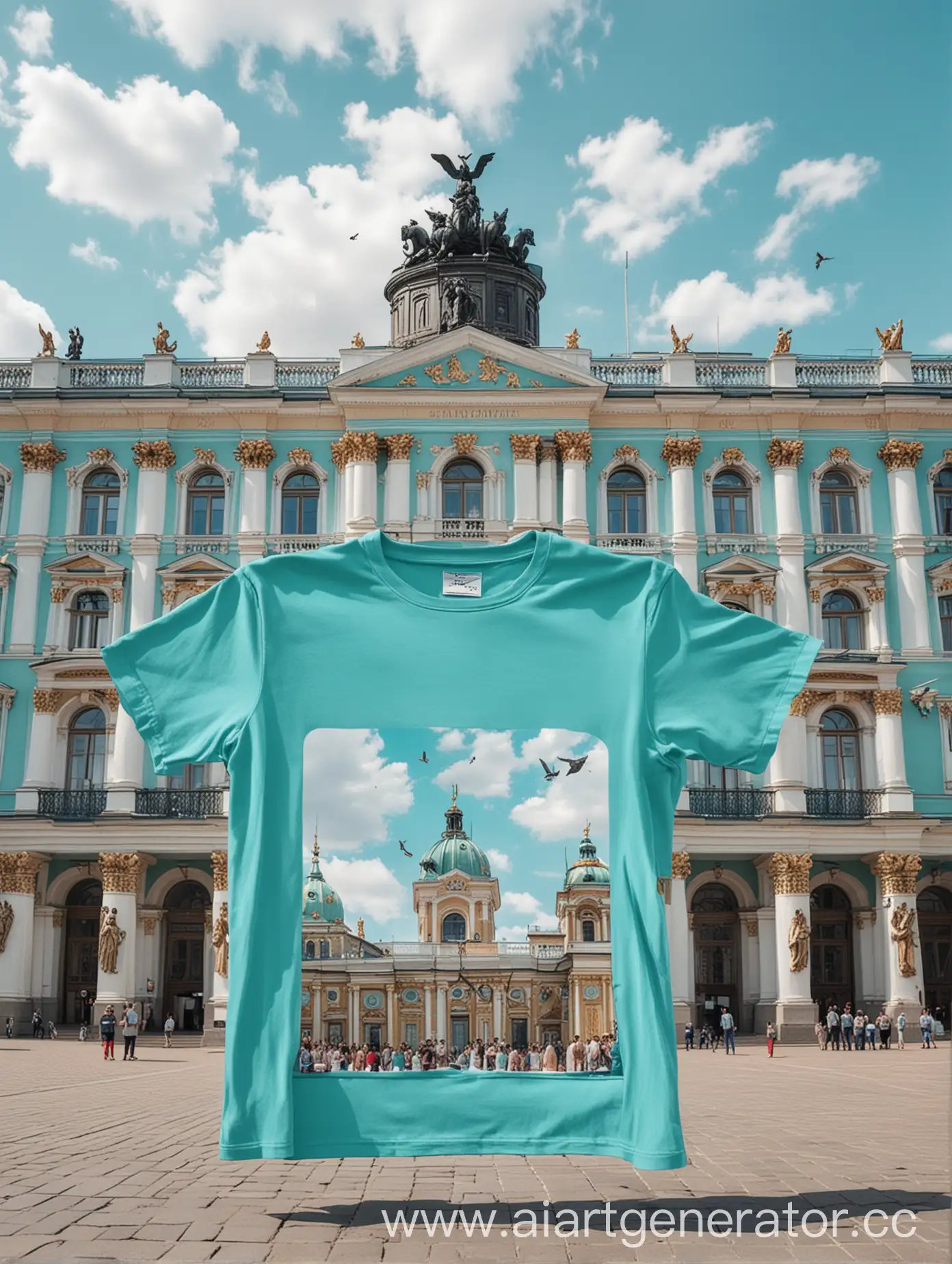 Create a huge turquoise t-shirt with a free cut, which shows a print from the photo, the t-shirt flies in the air on the background of the Hermitage Museum in St. Petersburg on DVVortsovaya Square, small turquoise t-shirts fly through the sky