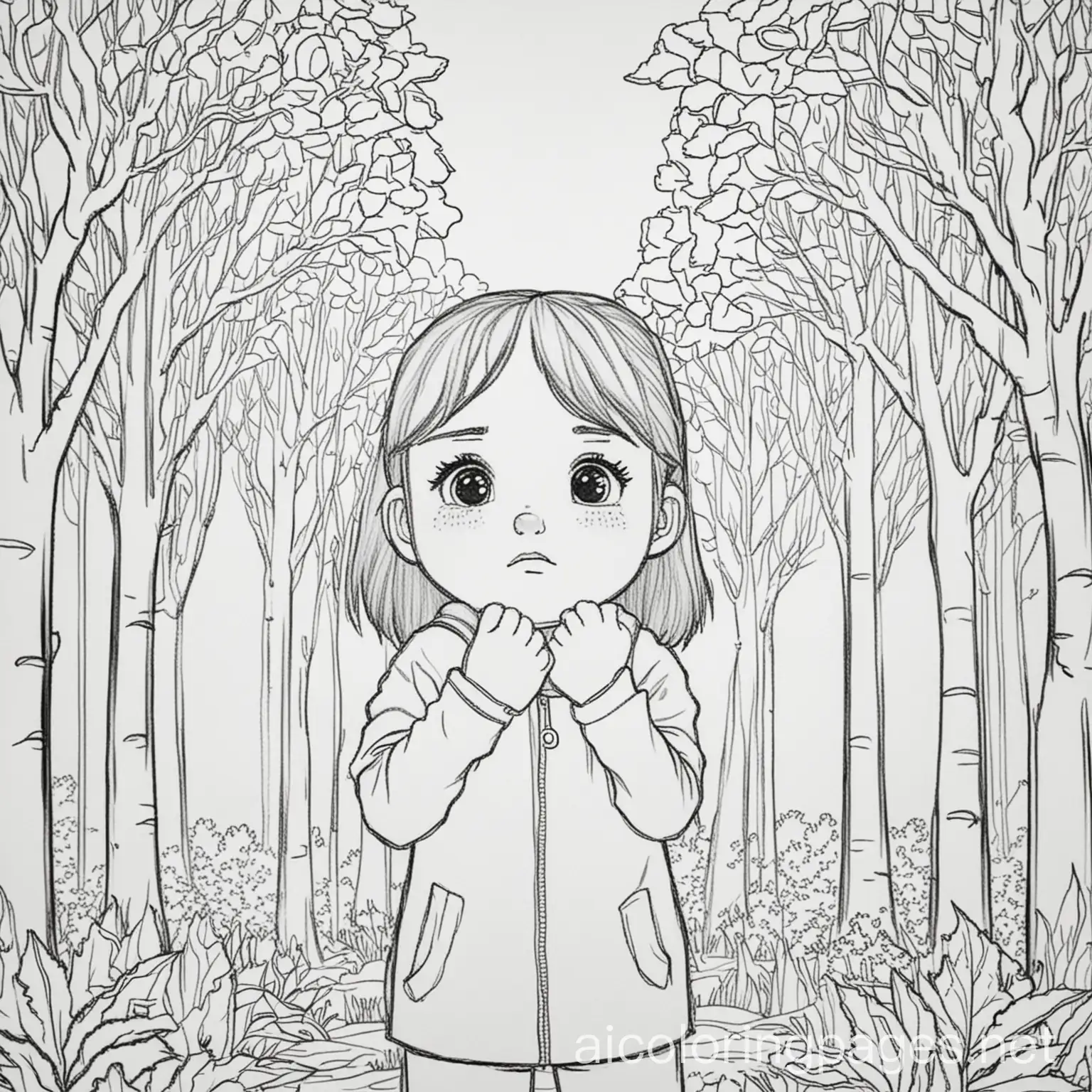 A girl standing with her fists up to her eyes crying. With trees to colour in behind her. Coloring Page, black and white, line art, white background, Simplicity, Ample White Space. The background of the coloring page is plain white to make it easy for young children to color within the lines. The outlines of all the subjects are easy to distinguish, making it simple for kids to color without too much difficulty, Coloring Page, black and white, line art, white background, Simplicity, Ample White Space. The background of the coloring page is plain white to make it easy for young children to color within the lines. The outlines of all the subjects are easy to distinguish, making it simple for kids to color without too much difficulty