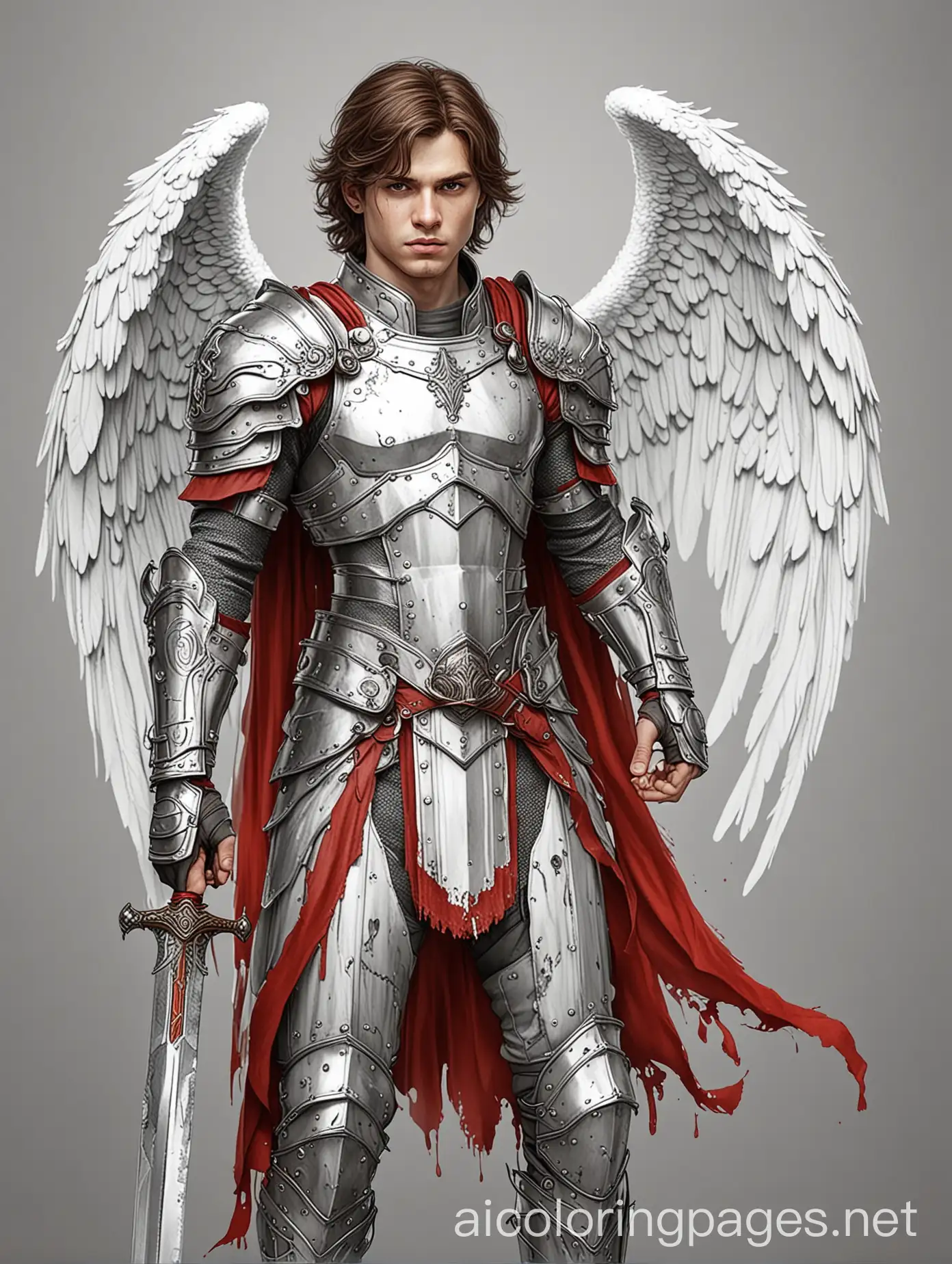 Full color, Red, damaged and bleeding, cut and scared, 25 year old male angel with a greatsword in hand, and in damaged plate armor, Coloring Page, black and white, line art, white background, Simplicity, Ample White Space. The background of the coloring page is plain white to make it easy for young children to color within the lines. The outlines of all the subjects are easy to distinguish, making it simple for kids to color without too much difficulty