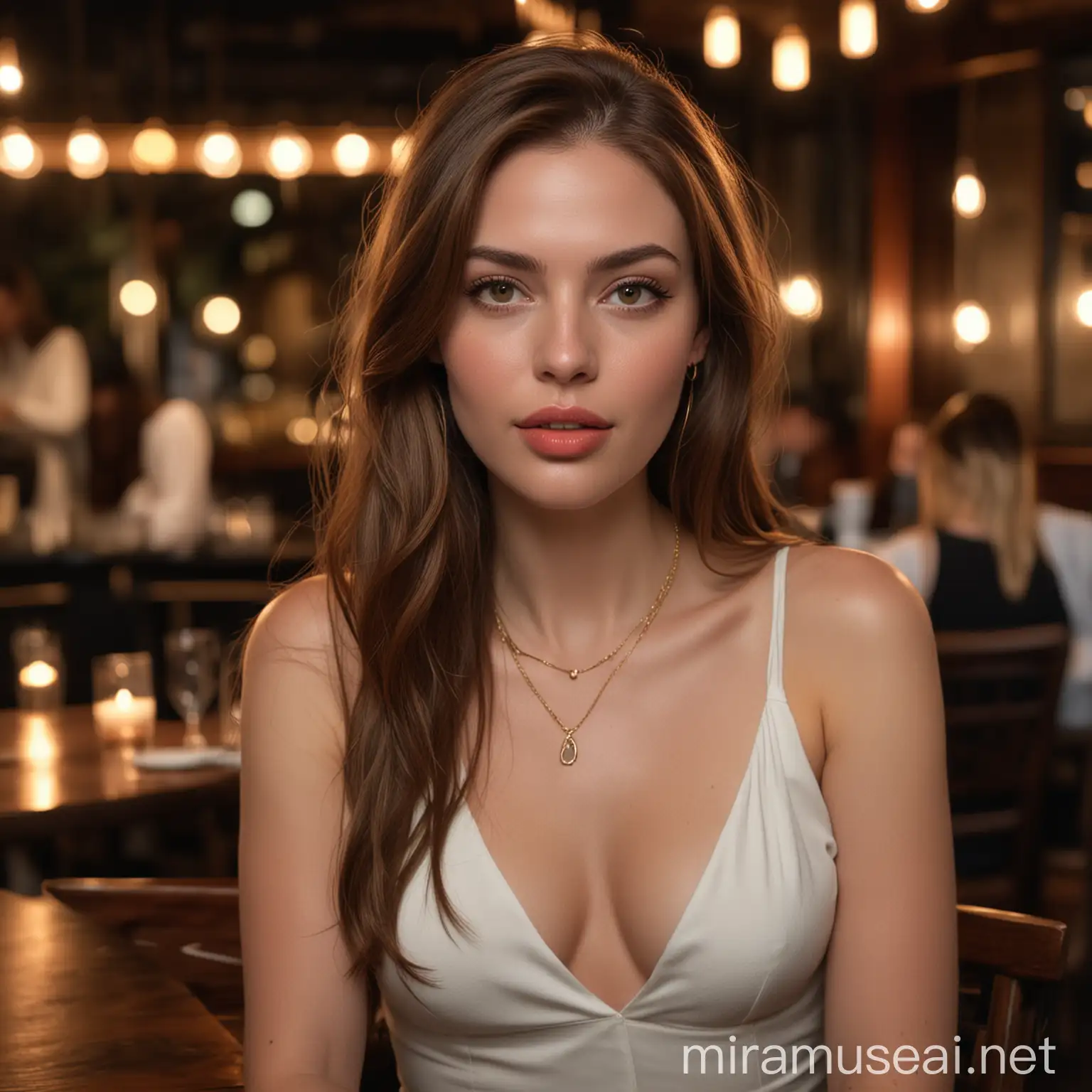 30 year old pale elegant white woman with long brown hair parted right, peach lipstick, gold necklace, nude, sitting at table, dark crowded intimate restaurant background at night