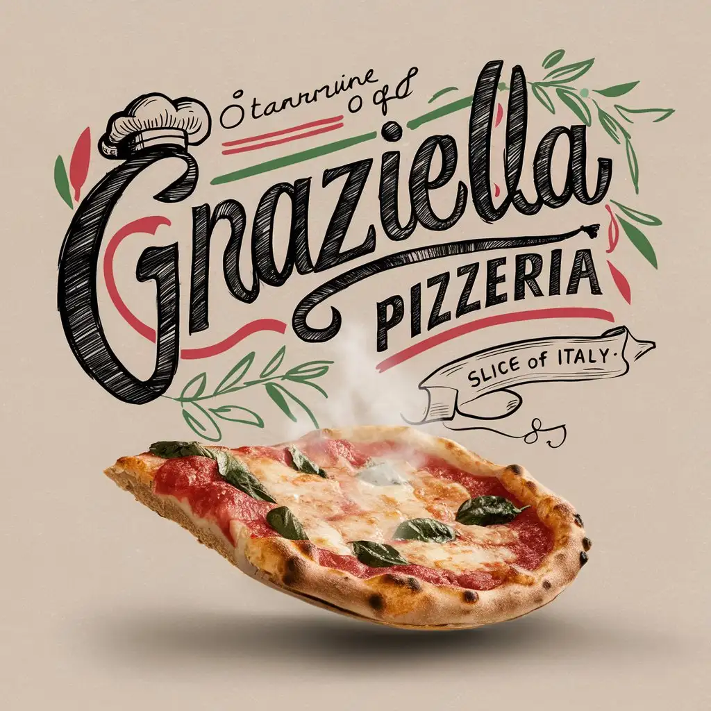 Handwritting Graziella Pizzeria logo, Restaurant logo, Italian colors, , Italian decoration, Chef hat sketch, Slogan, Slice of Italy, Simple decoration, Hot fresh Margarita