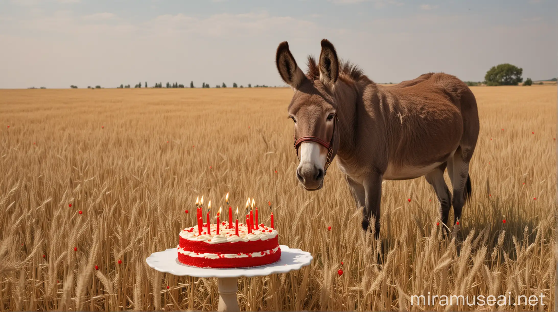 A picture of a donkey in a field of wheat where the wheat is red. And the donkey is blowing out the birthday candles on his own cake
Strangely, the color of wheat is red