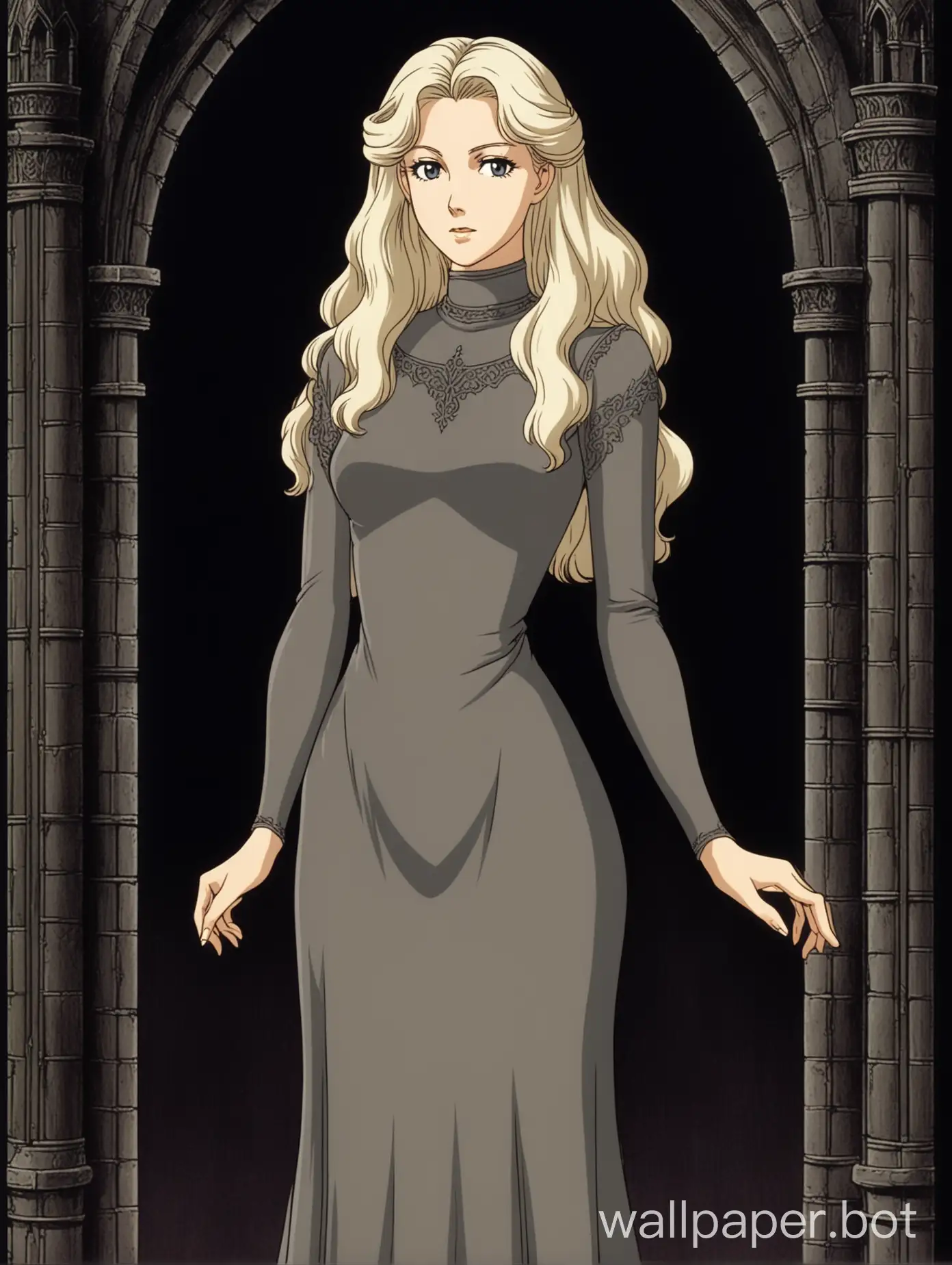 a young and attractive white woman, she has long wavy white-blonde hair, standing regally, elegant and slender, wearing a simple sheer dark grey and brown skintight dress, modest, full coverage, medieval elegance, 1980s retro anime, dark gothic background