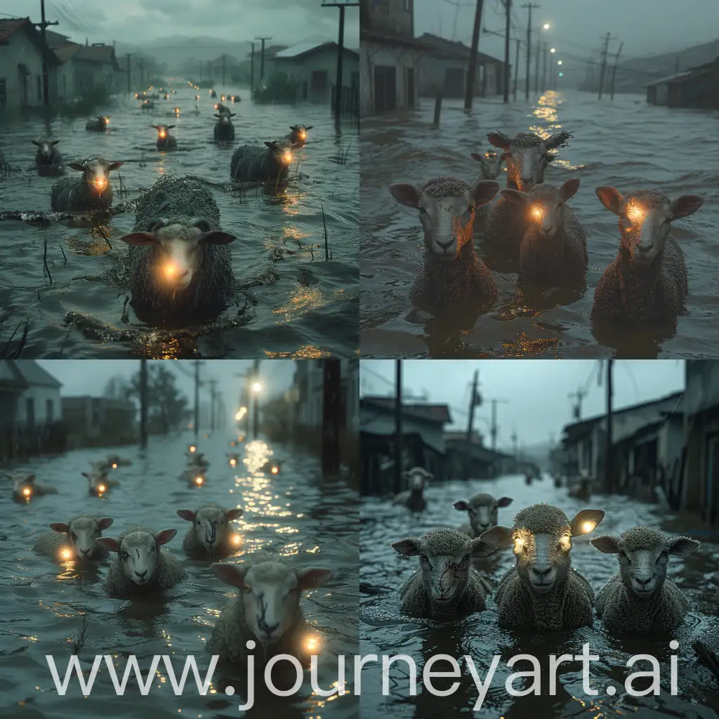 several injured lambs with their bright light shining in the flood of Rio Grande do Sul taken by dirty waters, city completely flooded with rain covering the houses, cinematic, high resolution, happy, highly detailed, cinematic lighting, film grain, atmospheric perspective, hyperrealistic , gritty, epic, like an Artstation masterpiece, with award-winning, raw, best quality photography in the style of a photo taken with a Hasselblad x2d camera --s 250