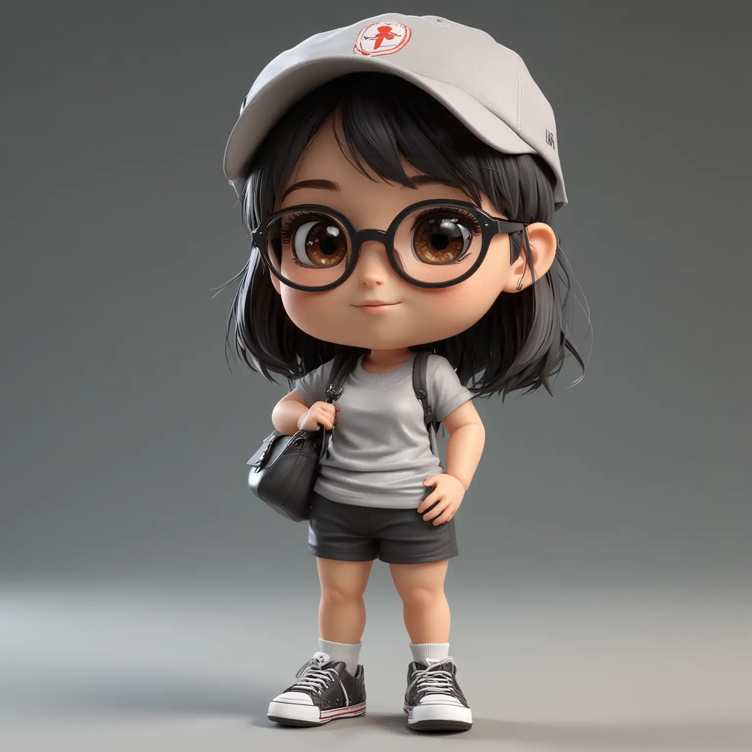 Cute Pux girl, full body, high quality, high detail, cute, blind box toy style, soft lighting, character design, bright colors, baseball cap on head, short hair, wearing loose grey t-shirt, shorts, sneakers, black framed glasses, carrying a handbag in her right hand, 3D character, -ar 70:93 high quality, high definition detail, no background, generates transparent background image in PNG format, vibrant appearance, head to body ratio 1:1, style similar to Japanese manga style, clay material, fine details, hybrid rendering engine, 3D rendering - ar 70:93