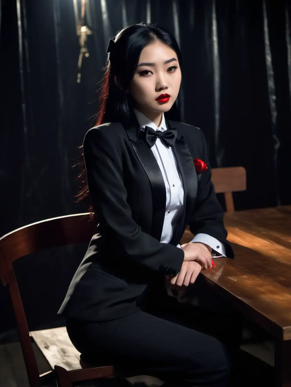 A pretty 20 year old Chinese woman with long black hair and red lipstick is sitting at a table in a dark room.  She is stern.  She is wearing a tuxedo.  (Her jacket is open.) (Her pants are black.) Her shirt is white with a black bow tie.  Her cufflinks are large and black.  Her jacket has a corsage.