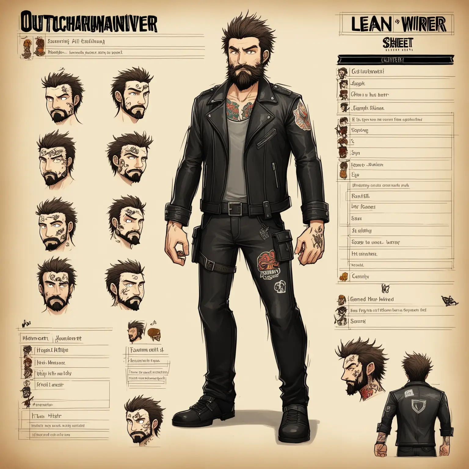Character Sheet, lean and wiry, with a cunning glint in his eyes. He sports a short, scruffy beard and a scar running across his cheek, hinting at a rough past. His attire is minimalistic, consisting of a black leather jacket adorned with various tattoos and patches. He exudes an air of confidence and agility, ready to outmaneuver his opponents at every turn.