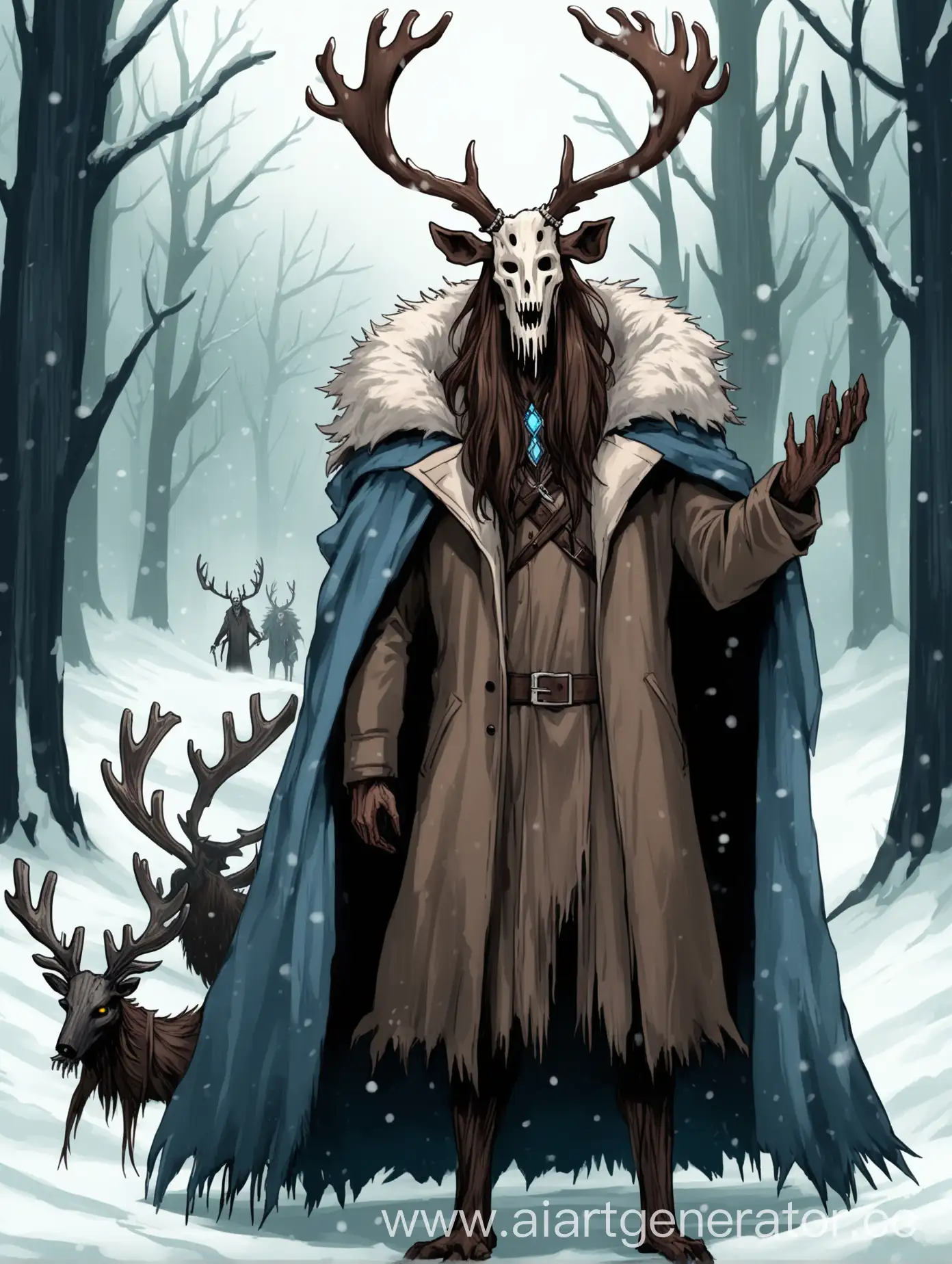 A tall guy with long brown hair. Cryomancer. Half man and half wendigo. Wears long winter coat with fur. Wears a wooden mask. Has a pair of big antlers.
