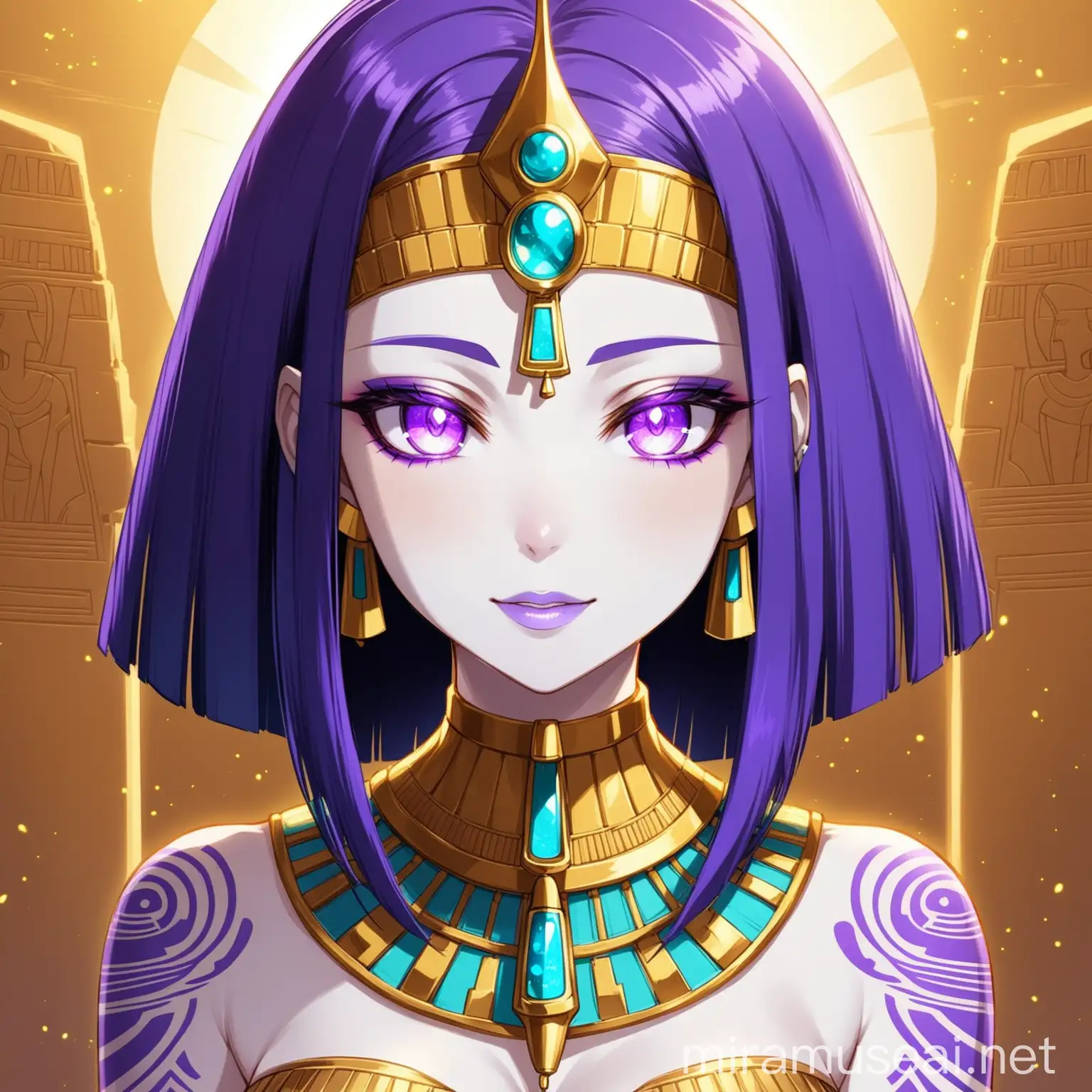 Luminous Tattooed Fantasy Woman in Pharaonic Attire VioletEyed Anime Character