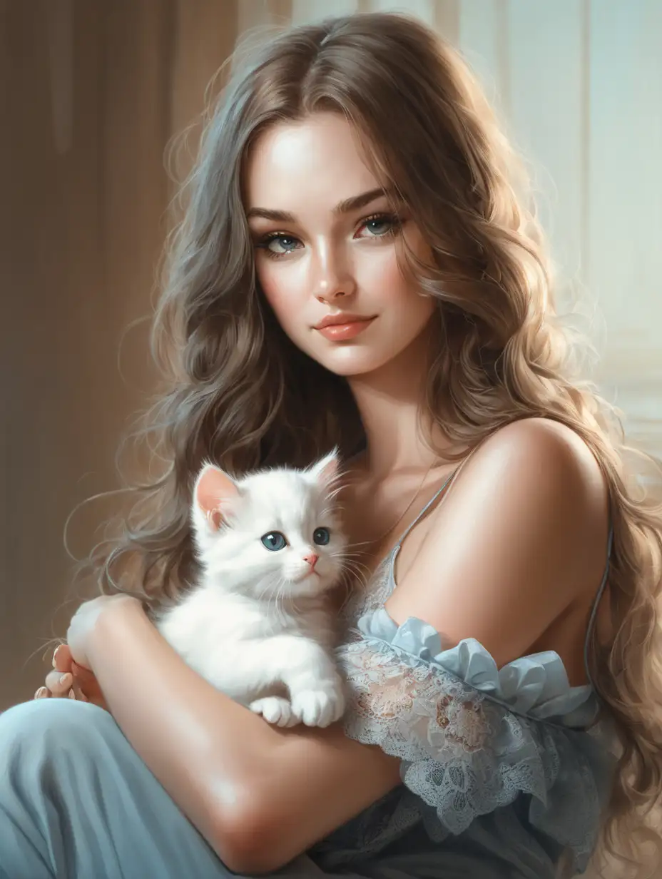 beautiful woman with a cute little kitty sitting on her lap