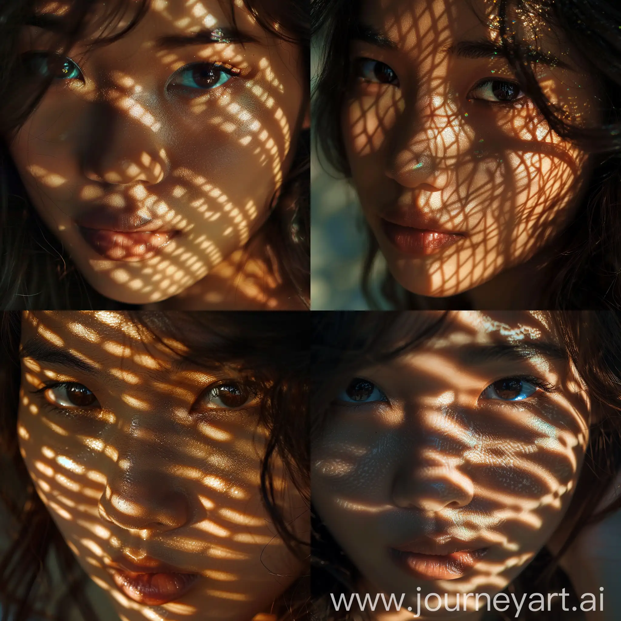 Face pictures of Thai women in very close range It was lit by warm sunlight which created a pattern of light and shadow on her face. Light filters through the porous surface. This creates diffuse shadows that give texture to her skin. Her eyes stood out. The iris of one eye is clearly visible and reflects light. Make it the focal point of the photo. Her expression was calm. And she stared out of the frame with a gentle intensity. She has dark, wavy hair. And her skin takes on a warm tint when exposed to sunlight. The overall atmosphere is friendly. Focusing on the intricate light and dark on her face.