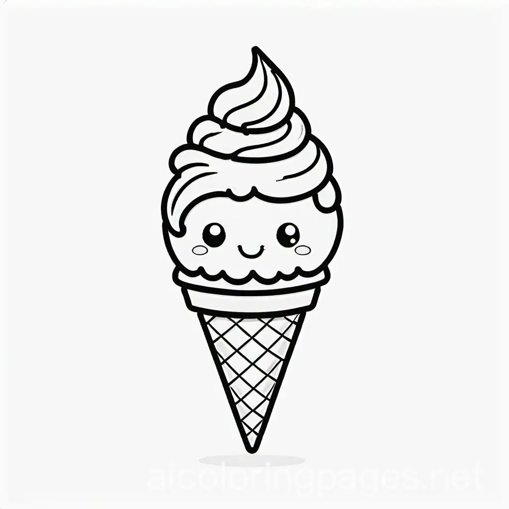cute and happy ice cream, Coloring Page, black and white, line art, white background, Simplicity, Ample White Space. The background of the coloring page is plain white to make it easy for young children to color within the lines. The outlines of all the subjects are easy to distinguish, making it simple for kids to color without too much difficulty