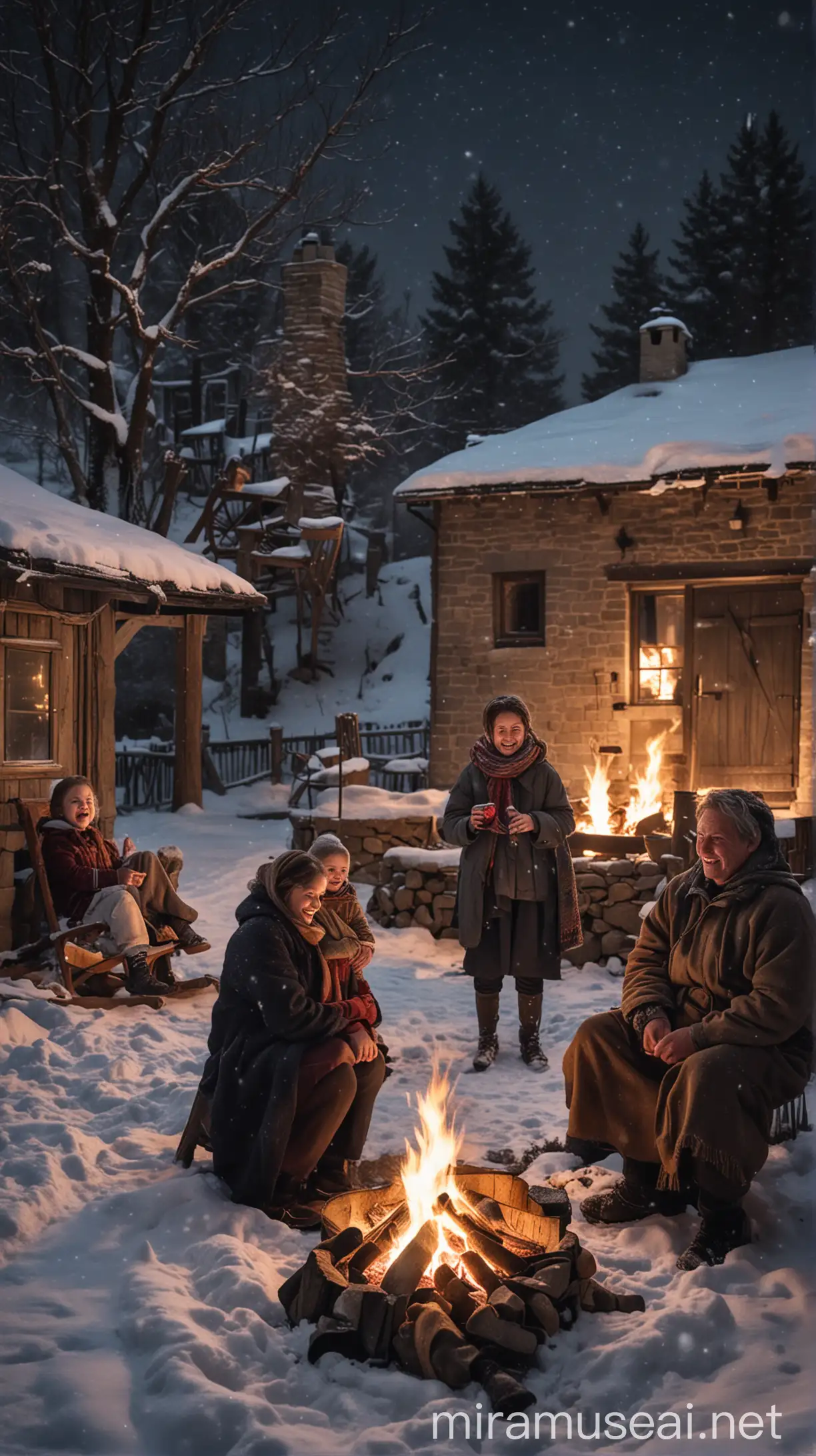 In a quiet village blanketed by snow, a family gathers by the fire, sharing warmth and laughter on a cold winter night.