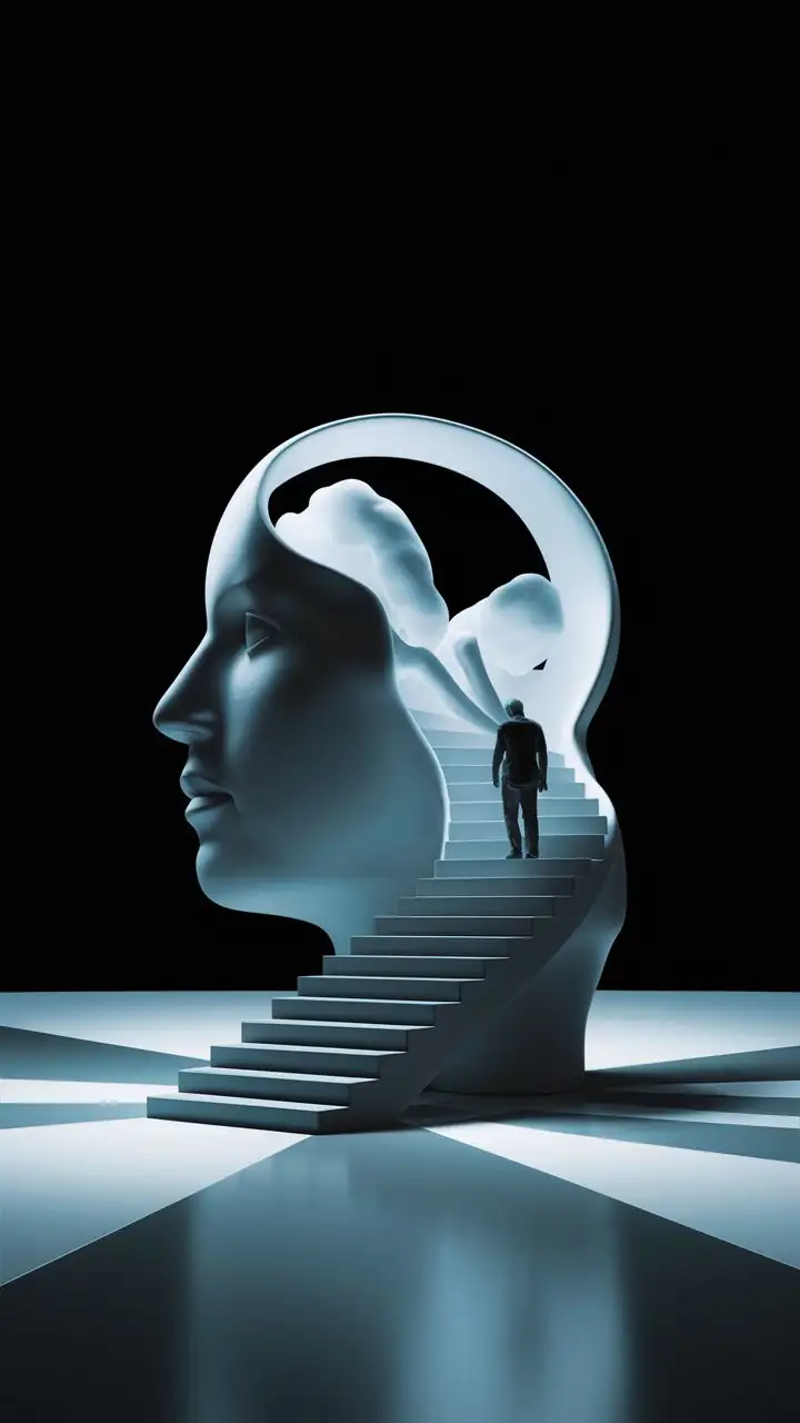 Prompt: Sculptural head silhouette with
an open mind leading to stairs, a lone
figure ascending, representing personal
growth, against a stark black background,
minimalistic, blue-white gradient lighting
surrealism, digital art, Peter Tarka style,
sharp focus --ar 9:16 ..style raw
