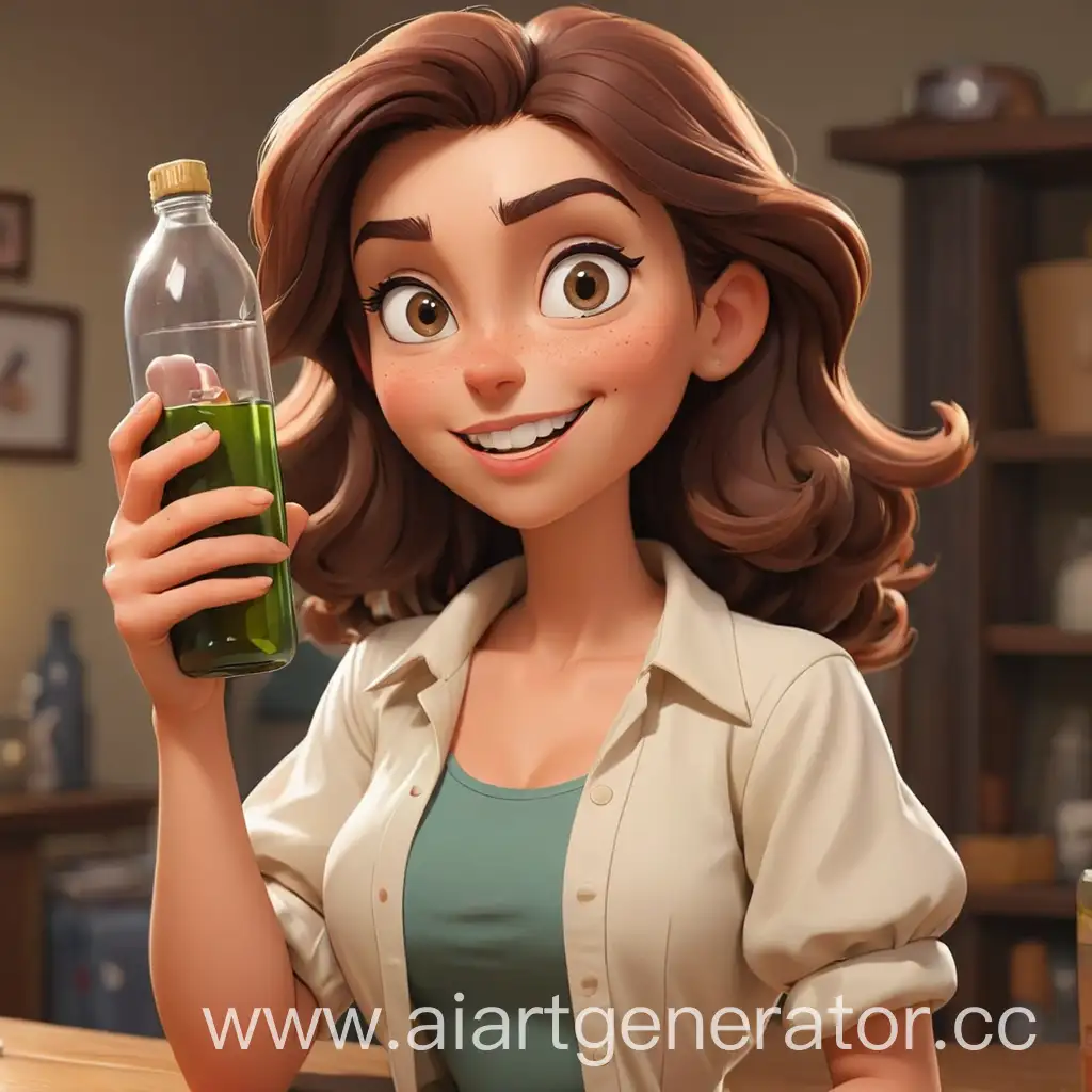 Cheerful-Cartoon-Woman-Holding-a-Colorful-Bottle