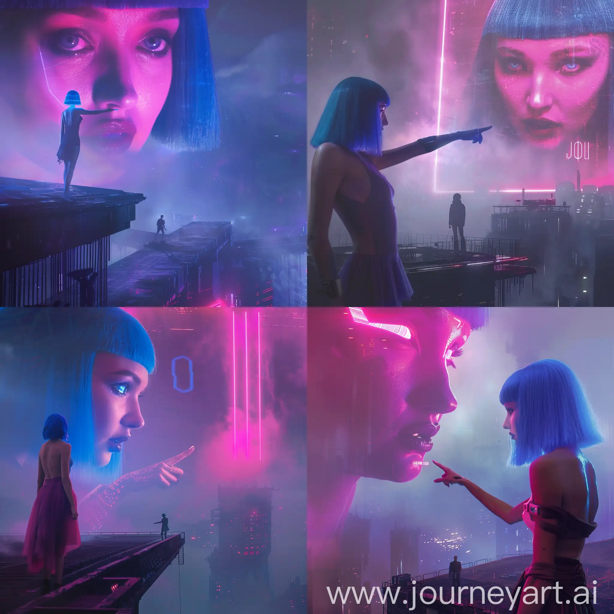 Face Portrait photo of A futuristic, cyberpunk scene from Blade runner 2049 movie you look lonely scene with a giant holographic woman JOI  with blue hair pointing towards a solitary figure on a dark, misty platform. The neon lights and vibrant purples create an ethereal, surreal atmosphere. The background features a foggy, industrial cityscape, adding depth and mystery to the image. The hologram's detailed expression contrasts with the small, silhouetted figure, emphasizing scale and loneliness --cref https://i.postimg.cc/XYHL4NXk/d0da44db45e761a070253b5dccd1a012.jpg --cw 100 --ar 57:128 --v 6