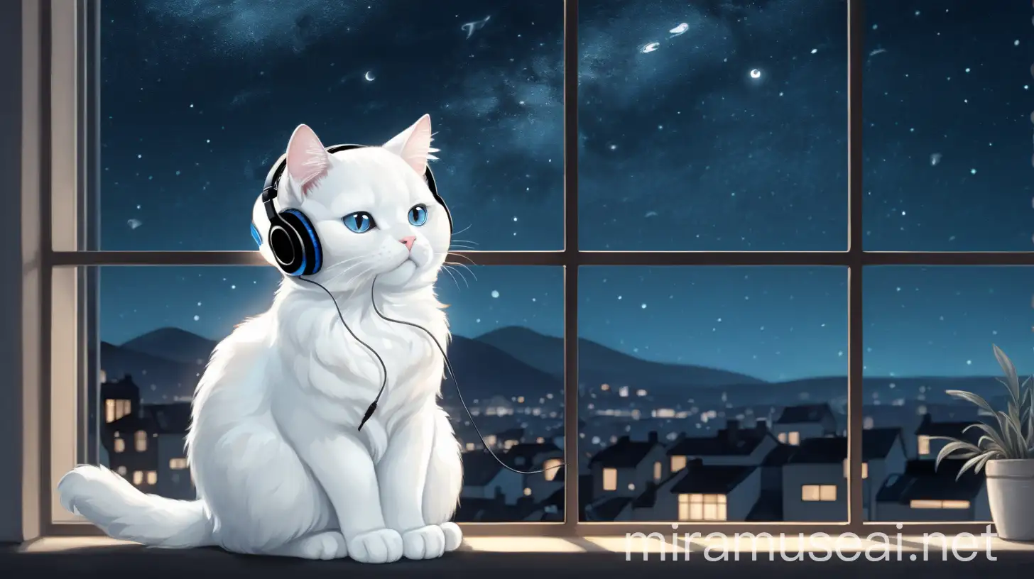 Cute white cat with headphone illustration sitting in front of window looking at the night sky