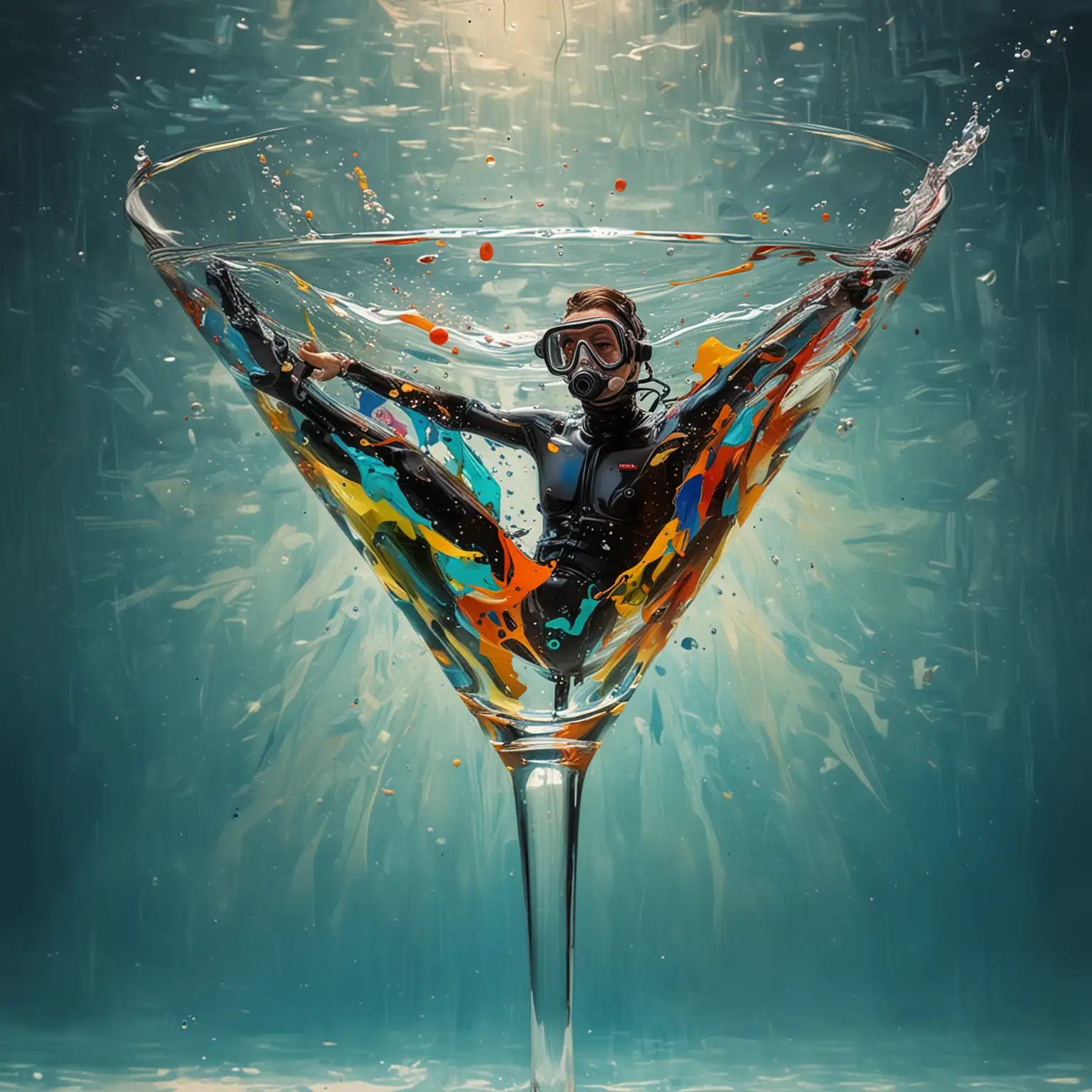 scuba diver swim in a martini glass, abstract expressionism style