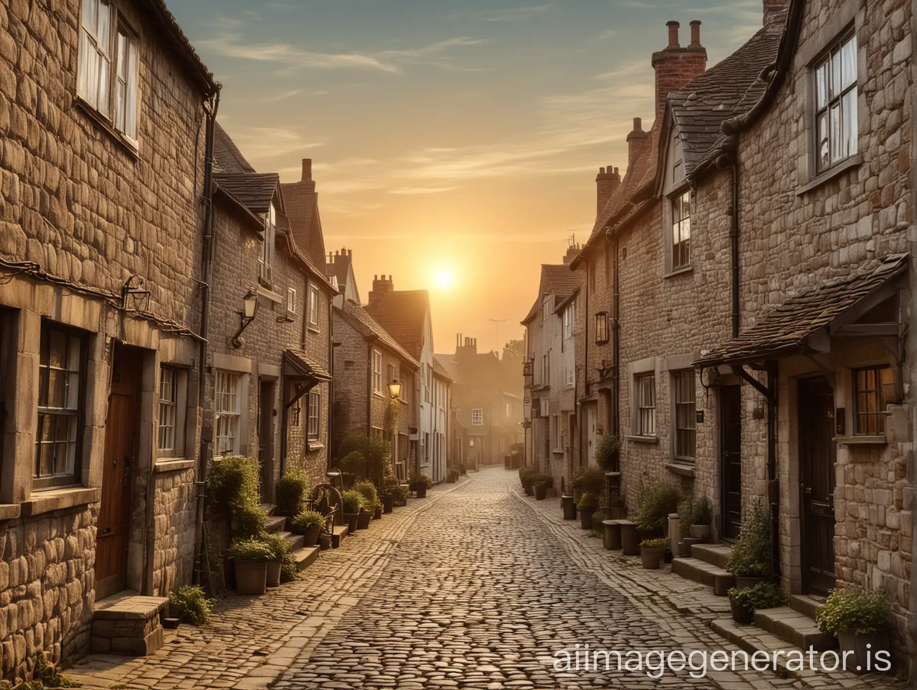 old cobblestone street sunrise English village vintagenn