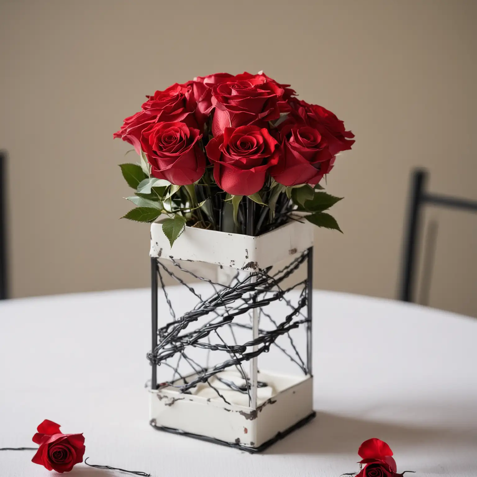 small and simple DIY modern wedding centerpiece with red roses in an edgy white metal vase accented with black sculptural wire