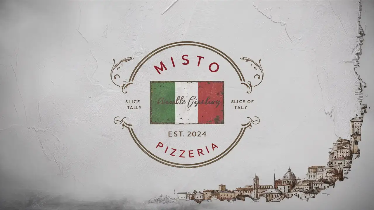 Misto Pizzeria, Minimalist, Emblem, Edge Decoration, Italian colors , textured White background, EST 2024 , Italy flag, Antique, Slogan Slice of Italy , Sketched Italy City, Ornament, Rustic, Foggy atmosphere 