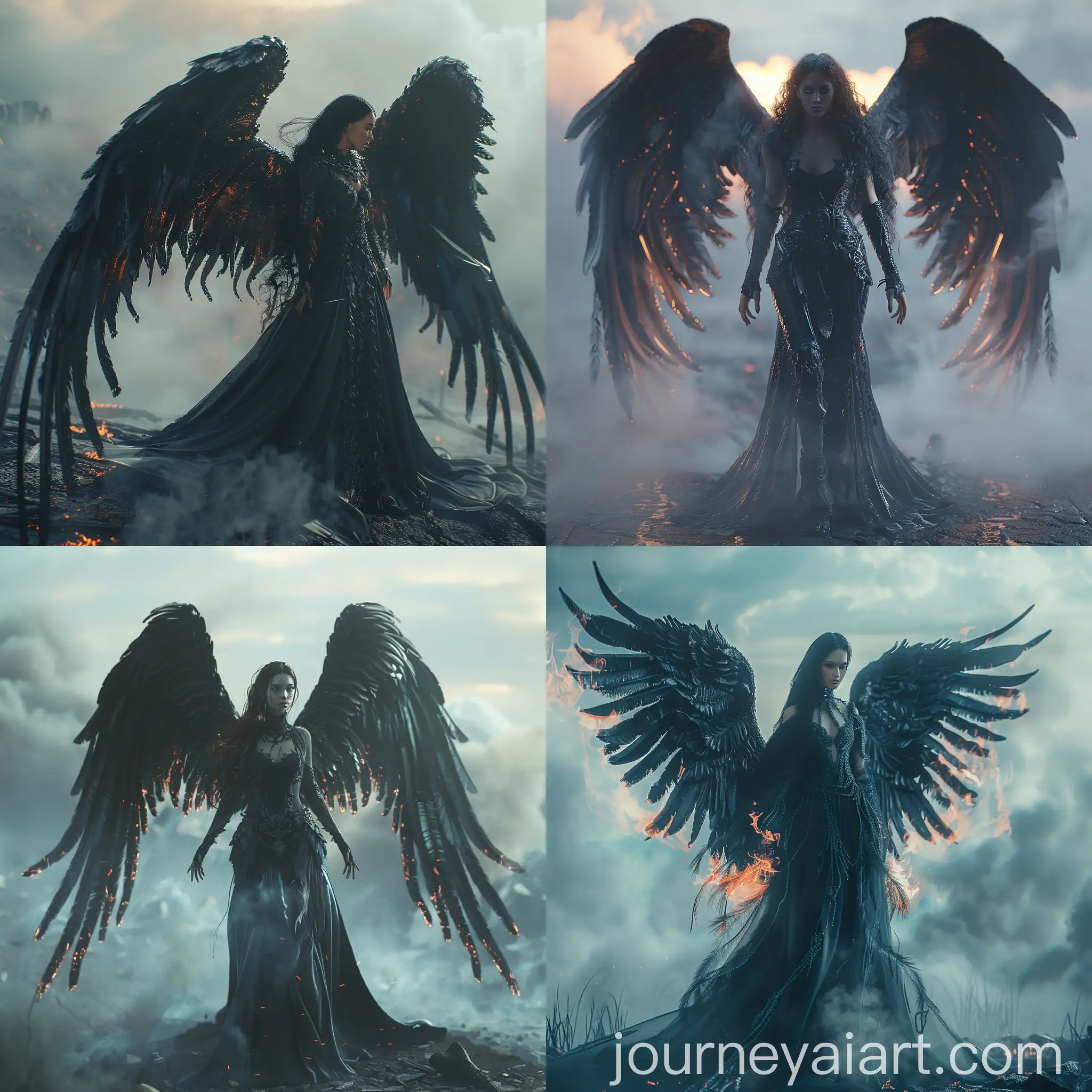  A beautiful dark angel woman, black obsidian burning wings, standing on a battlefield, Shrouded in thick fog, digital-art, Dramatic lighting, Realism, Unreal Engine, Fantasy scene