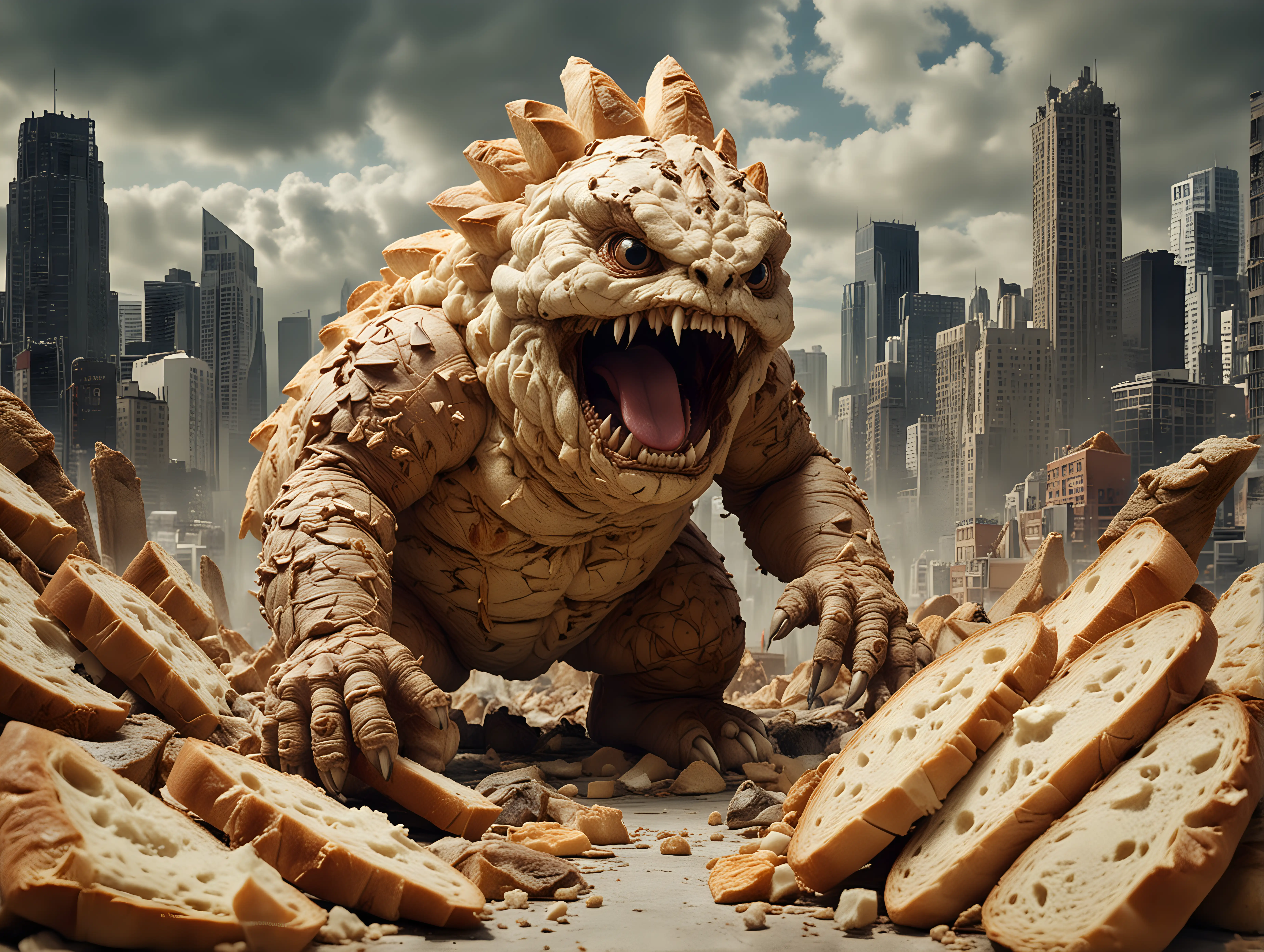 Bread monster kaiju, sourdough texture, destroying city, war