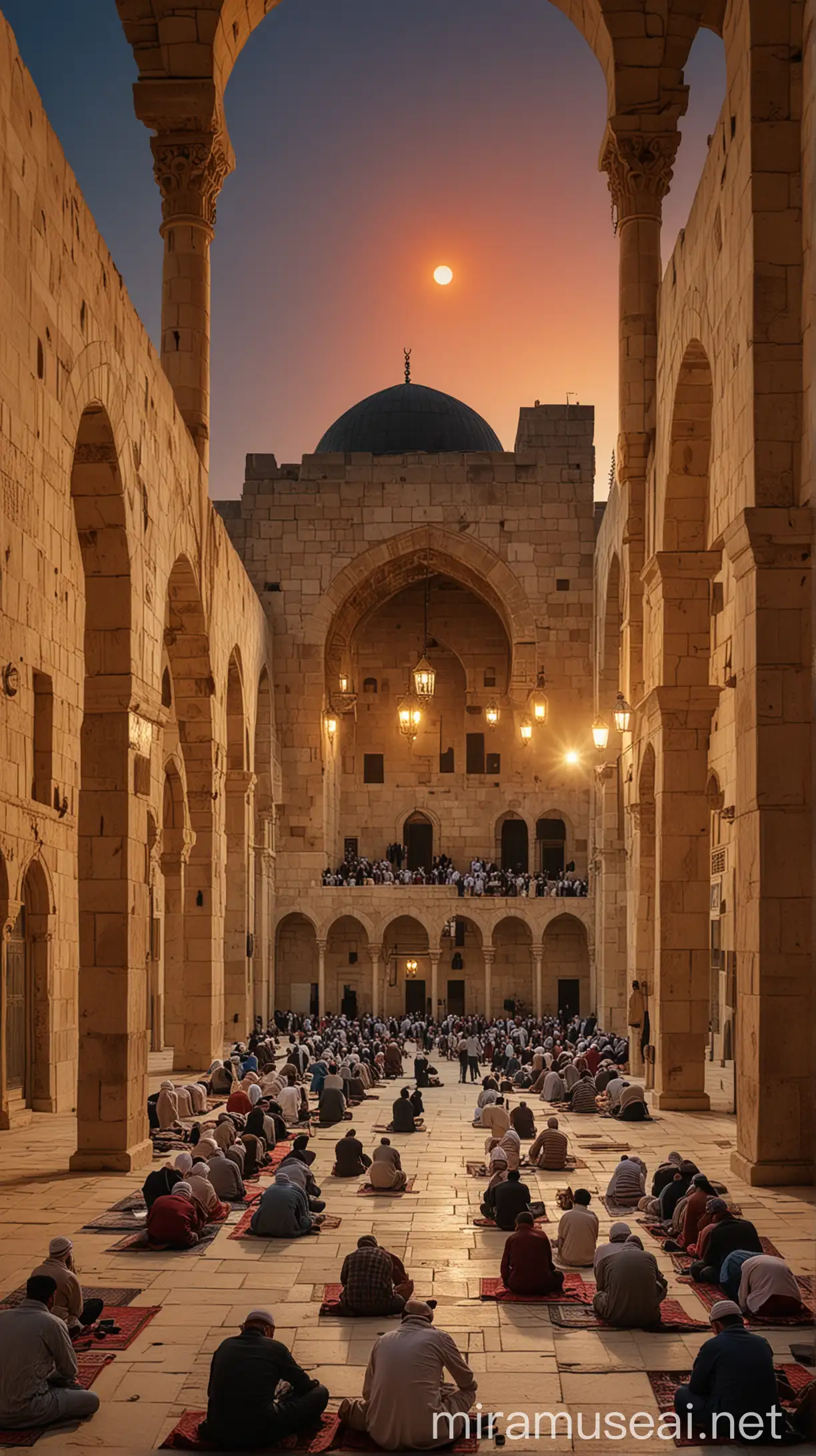 Serene Evening Prayers at AlAqsa Mosque Worshipers Gather in Spiritual Tranquility