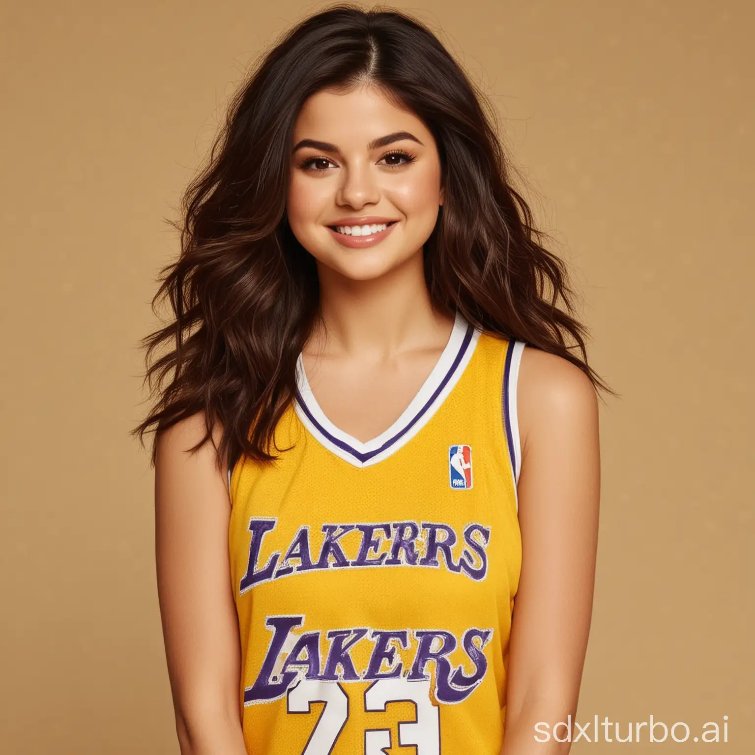 face Selena Gomez smiling from front loose hair yellow Lakers jersey beige background