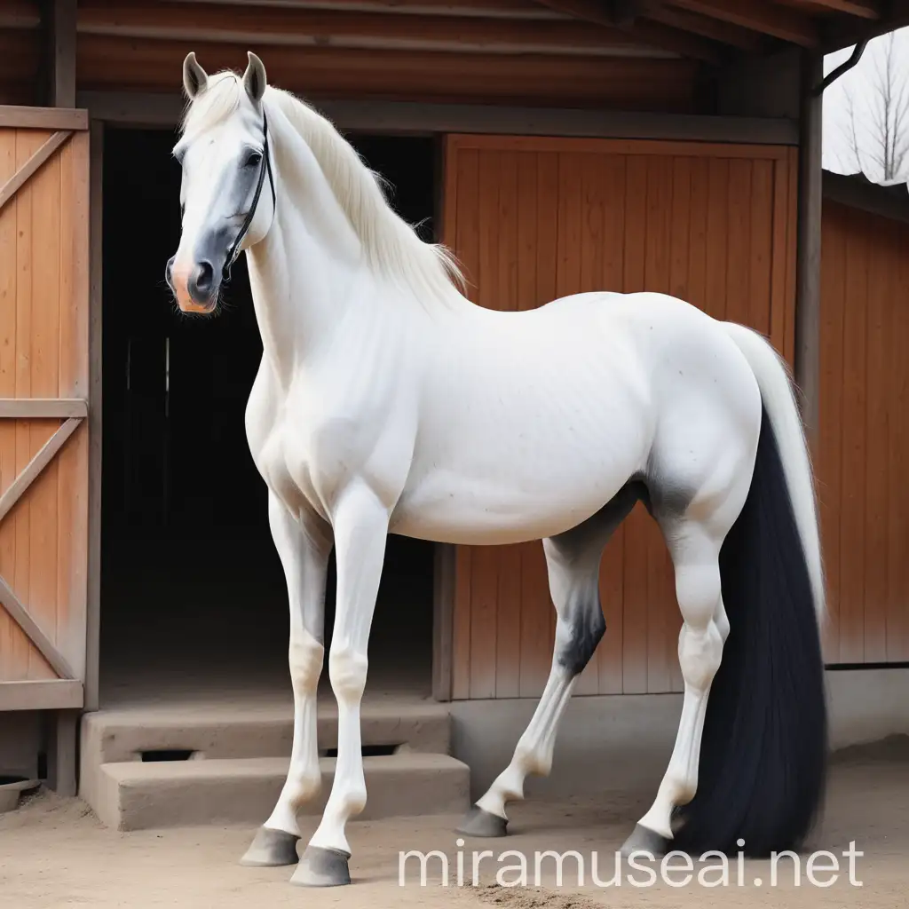 A picture of a beautiful and tall horse with a long white and black tail should be in front of the stable