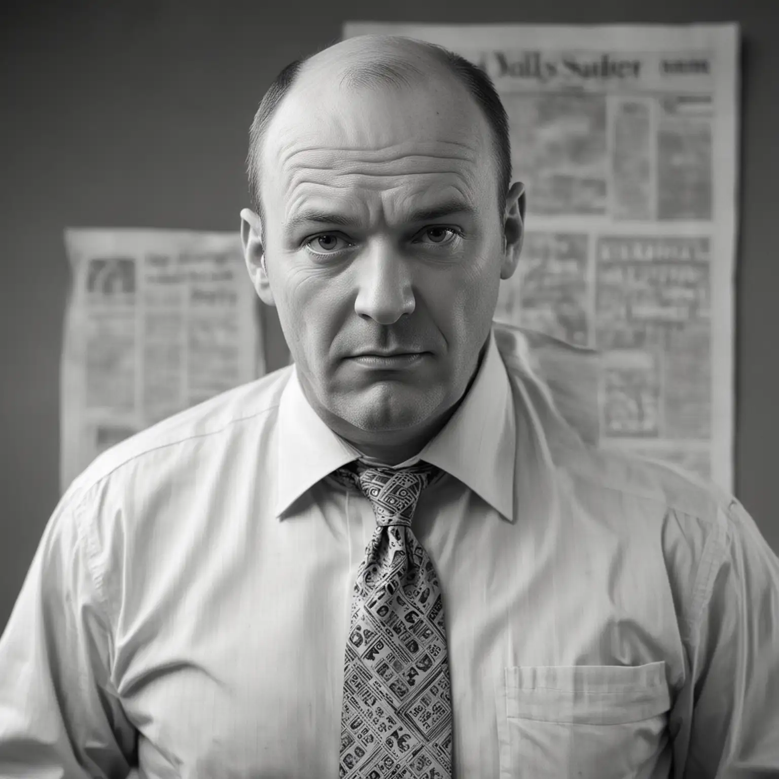 A balding, slightly overweight man in his late forties, a wears a shirt and loose tie. Background is a newspaper office. Grayscale.
