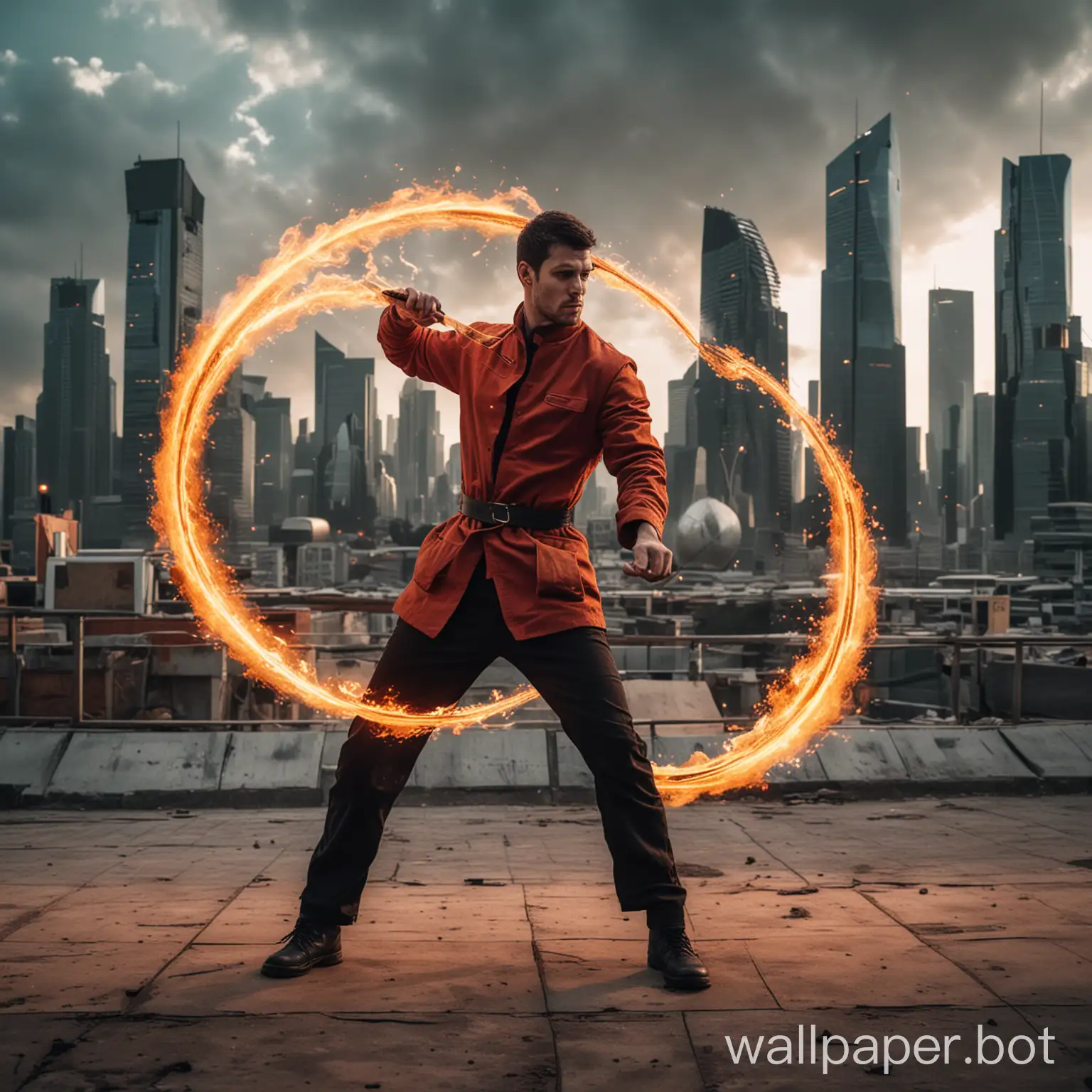 a man showing his skill of fire bending with futuristic city background
