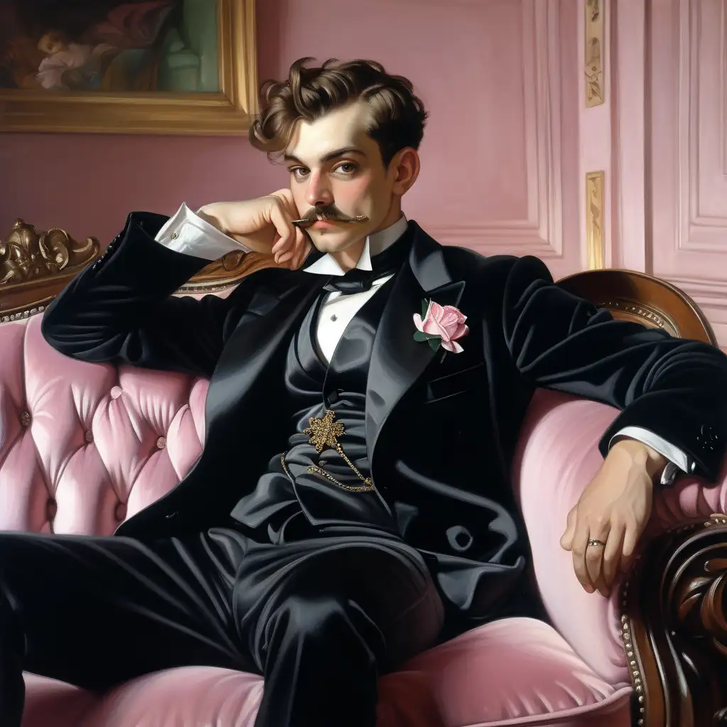 Melancholic Young Man in Velvet Smoking Jacket on Satin Pink Sofa