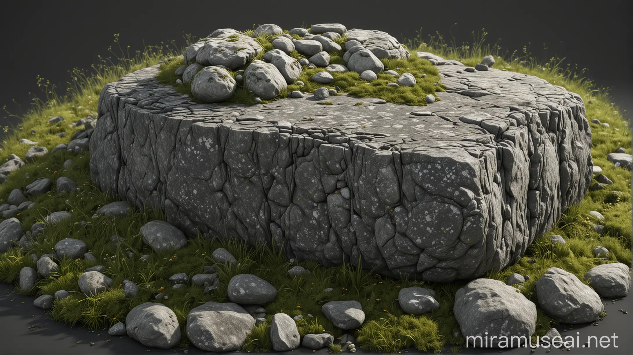 Cinematic Realistic Granite Rock with Moss and Lichen on Pebble Bed