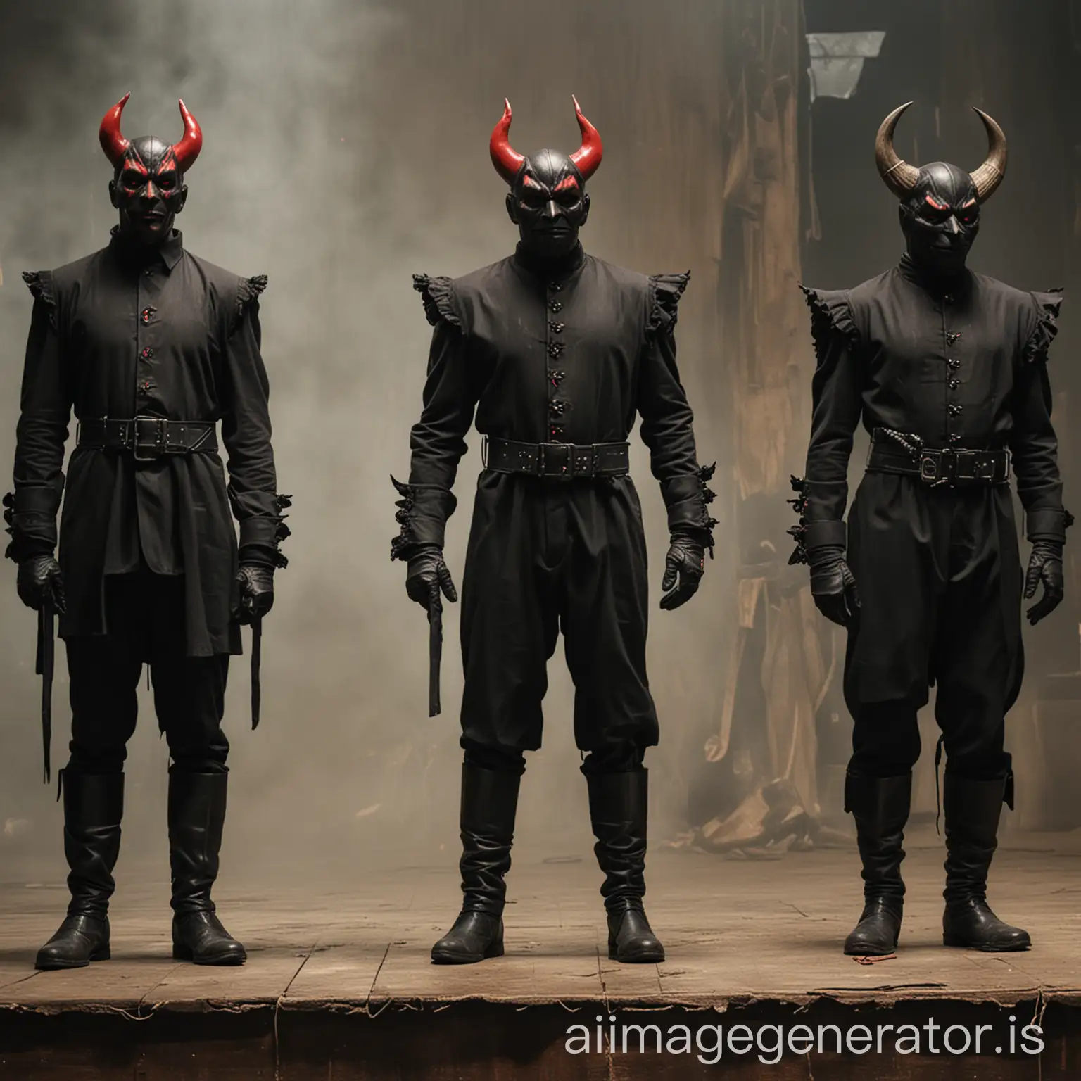 Tall-Man-in-Elegant-Black-Attire-with-Red-Devil-Mask-and-Bodyguards-on-Stage