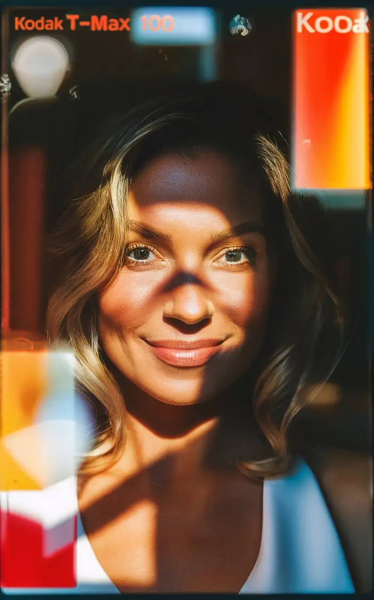  Photo of a woman, looking at the camera, close-up of face with lens aberrations, color negative, with sunlight filtering shadows on their faces, in the style of instant film, Kodak T-Max 100, color negative film, add noise, grain. (I assume there are no translation needed since all the words used here are in English)