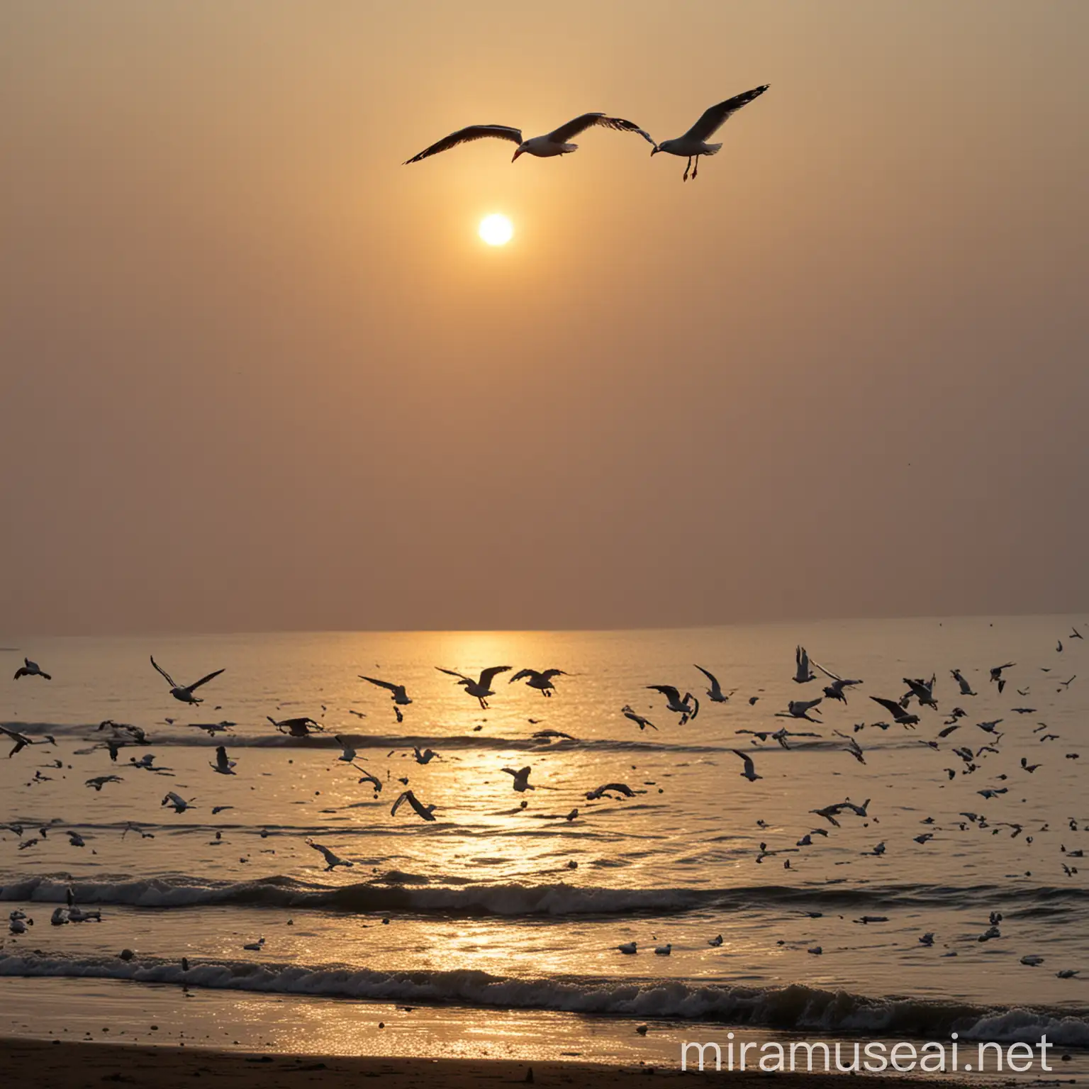 夕阳下很多海鸥在海边飞