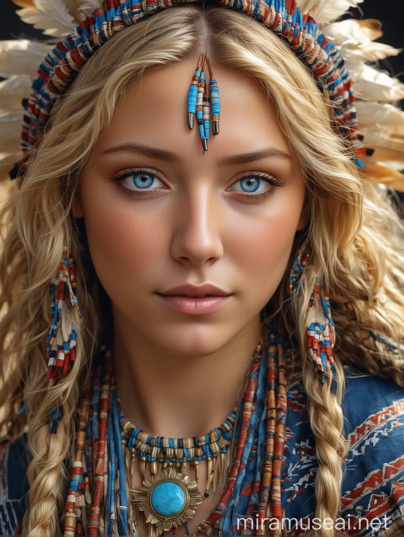 Masterpiece of a beautiful young woman with goldblond wavy hairs and blue eyes wearing Native American cloths, realistic, ultra detailed