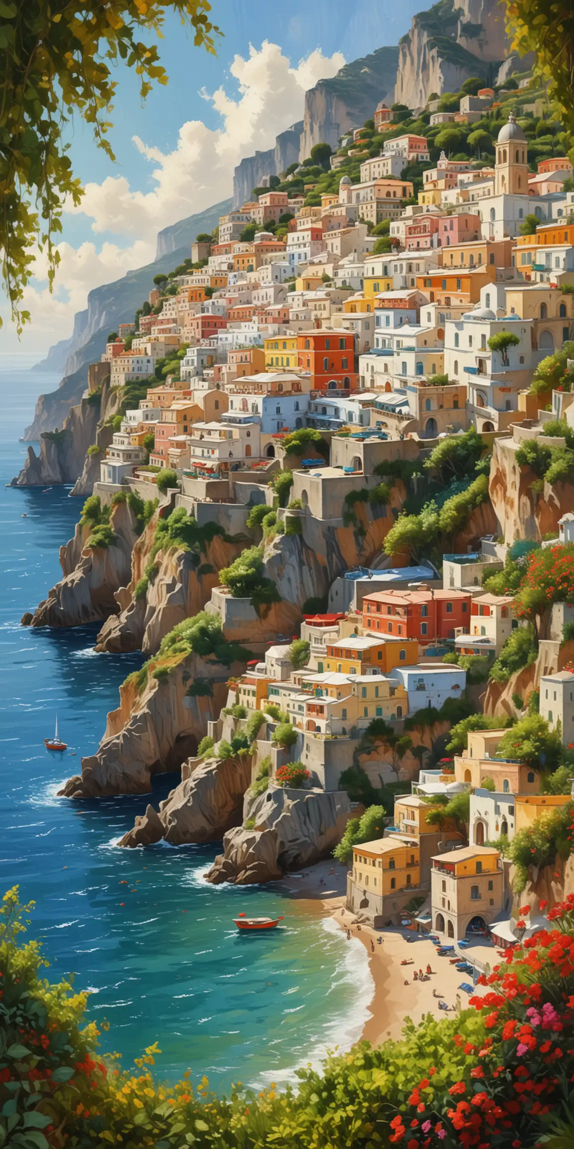 amalfi coast, oil painting, impressionist style, sunny day, colorful buildings and domes overlooking the sea with sailboats in background, lush greenery on cliffs, vibrant colors, detailed brushstrokes, textured canvas effect, impressionistic technique, high resolution --ar 1:2 --stylize 750