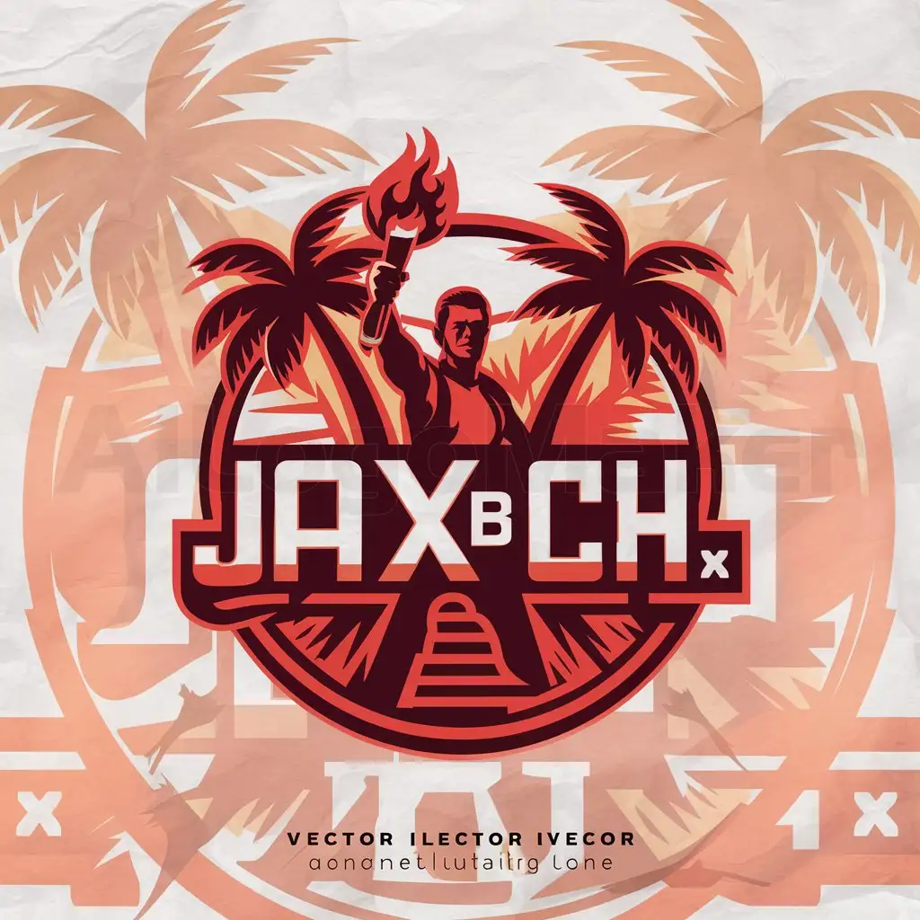 a logo design,with the text "Jax Bch", main symbol:Vector illustration in circle of the Survivor holding torch with flame who stays in the beach surrounded by palm trees. Many details, include survivor, orange and red colors, clear background,Moderate,be used in Travel industry,clear background