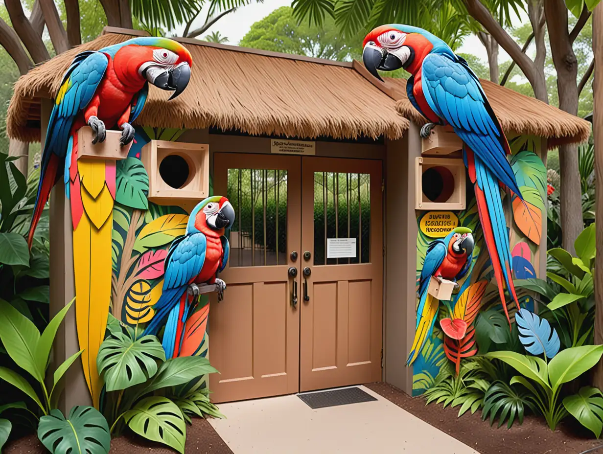 cartoon In a cartoon zoo, the entrance to the macaw birdhouse exhibit is adorned with bright, eye-catching images of macaws perched on branches. The door is decorated with tropical patterns and colorful feathers. The surrounding area is filled with lush plants and cheerful signs welcoming visitors