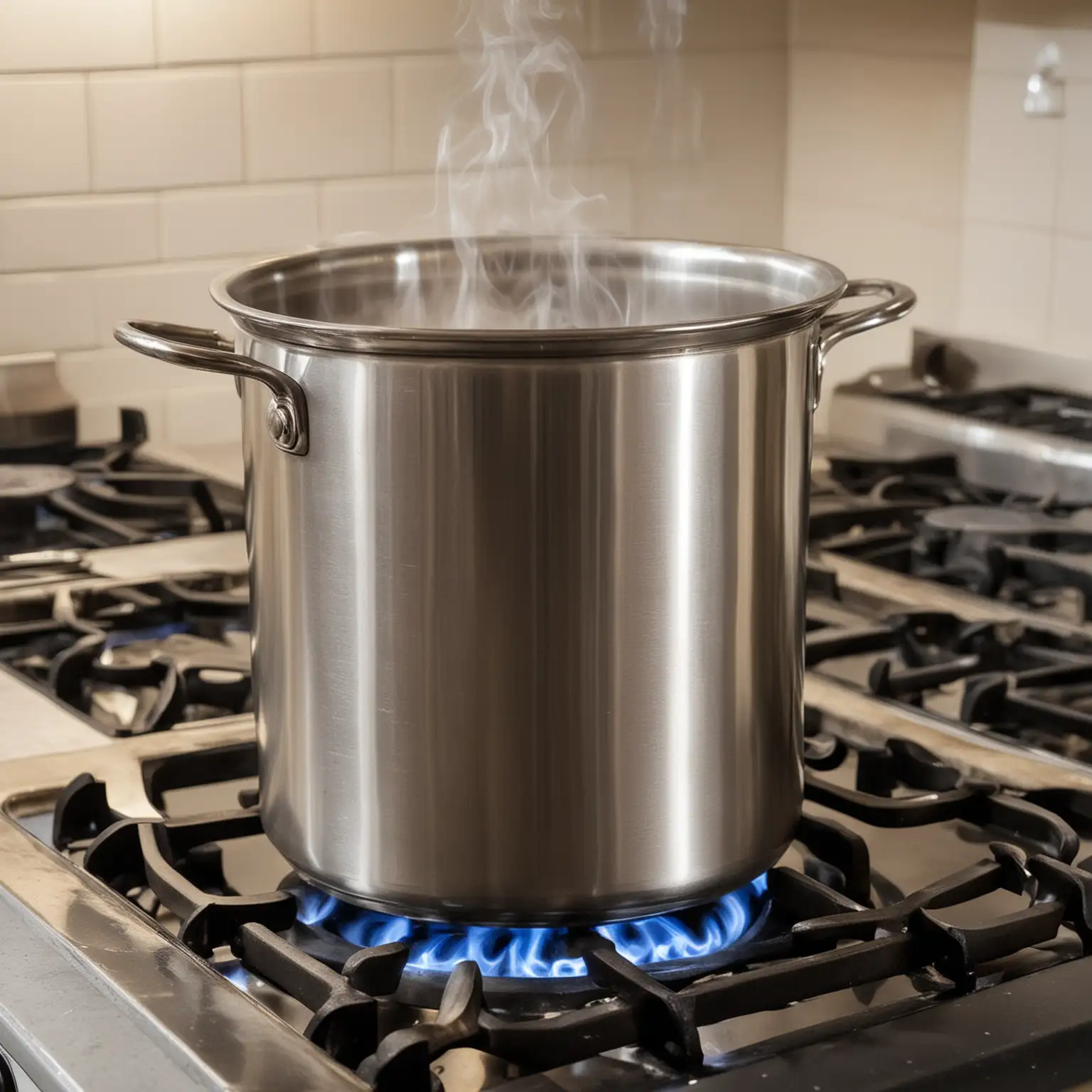 Very tall stainless steel pot, gas flame under pot on stove, with steam coming up