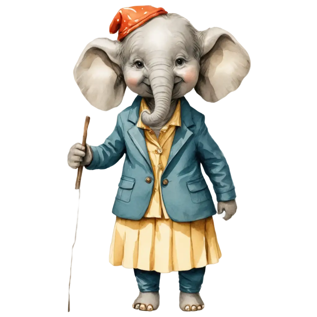 a cute grandmother elephant dressed up, cartoon, old