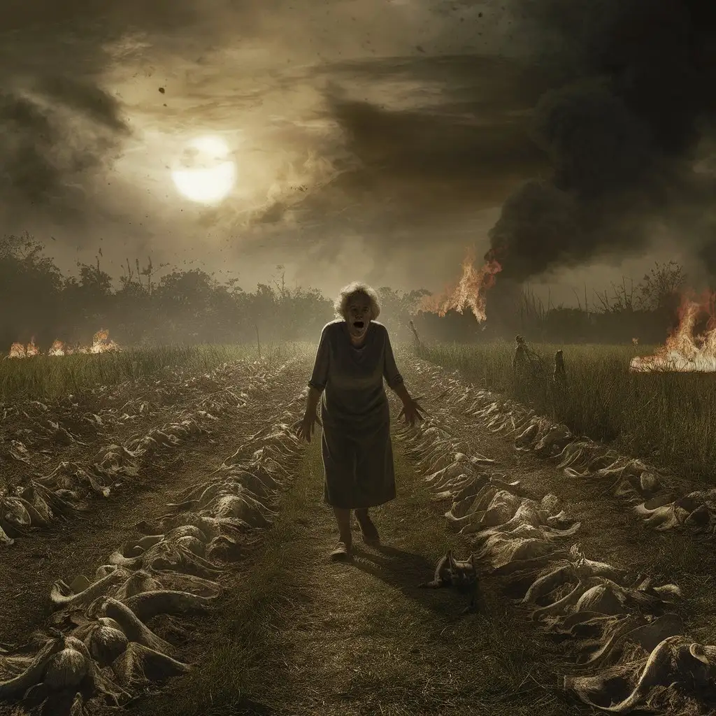 Apocalyptic Landscape with Lonely Elderly Woman and Cat Skeleton